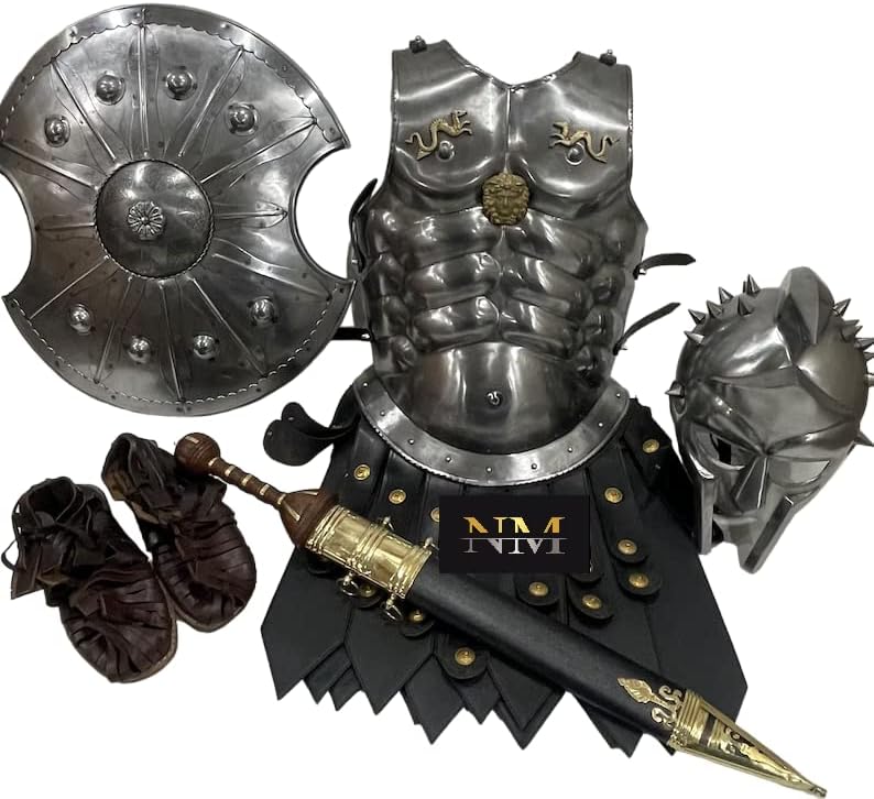NauticalMart Greek Muscle Armour Cuirass with Gladiator Helmet, Armor Shield & Roman Belt Knight Costume Meridians Breastplate Armour LARP Halloween Costume