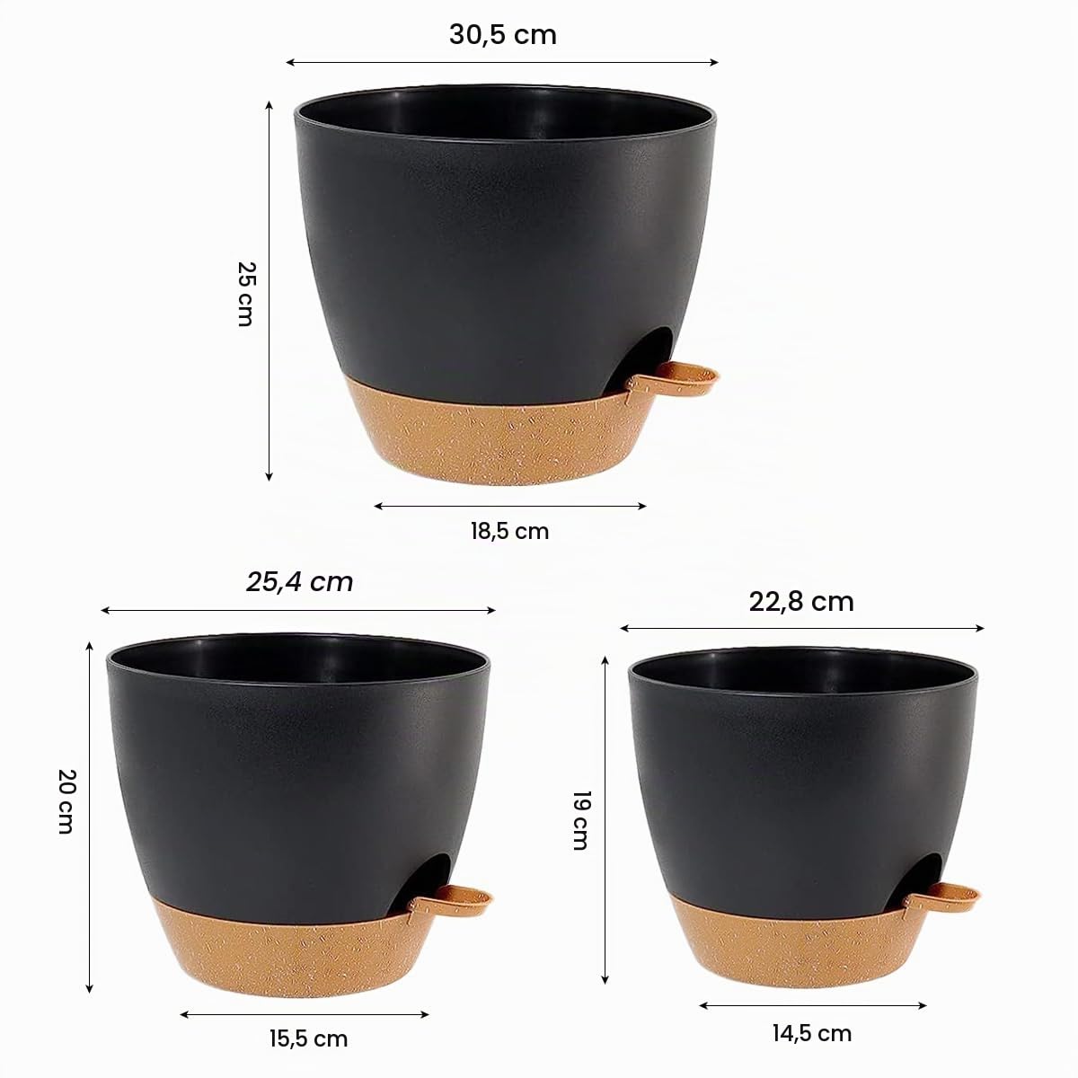 SUN-E Macetas autorriego Grandes 30.5+25.4+22.86CM para Todas Las Plantas de Interior Macetas de plástico Negro con Orificio de Drenaje Macetas autorriego Idea Regalo
