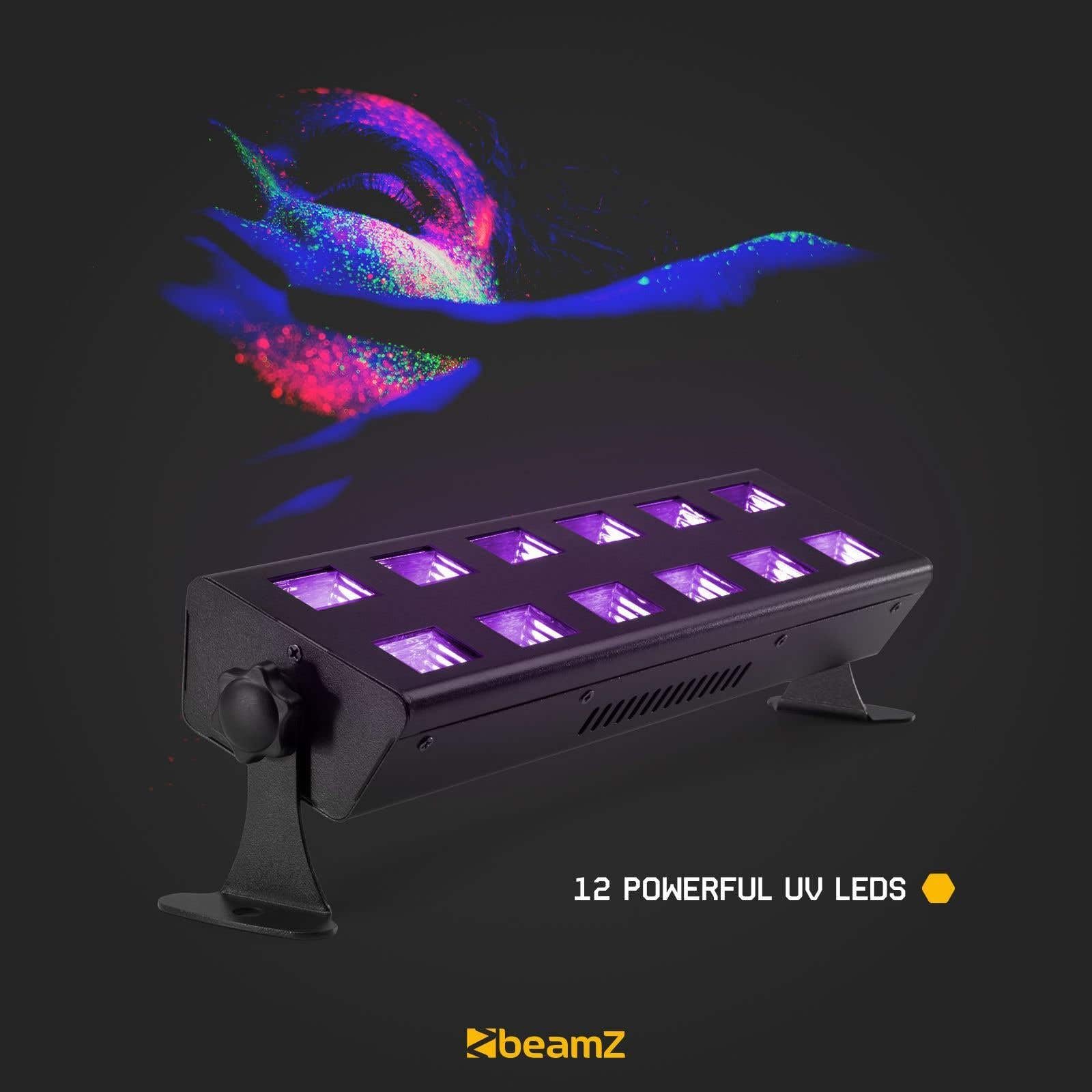 BeamZ BUV263 UV LED Schwarzlicht Bar – 12x 3W UV LEDs | Schwarzlicht Lampe mit 65° Abstrahlwinkel | Partylicht, Clublicht, UV Effektbeleuchtung | Plug & Play UV Bar für Party & Bühne