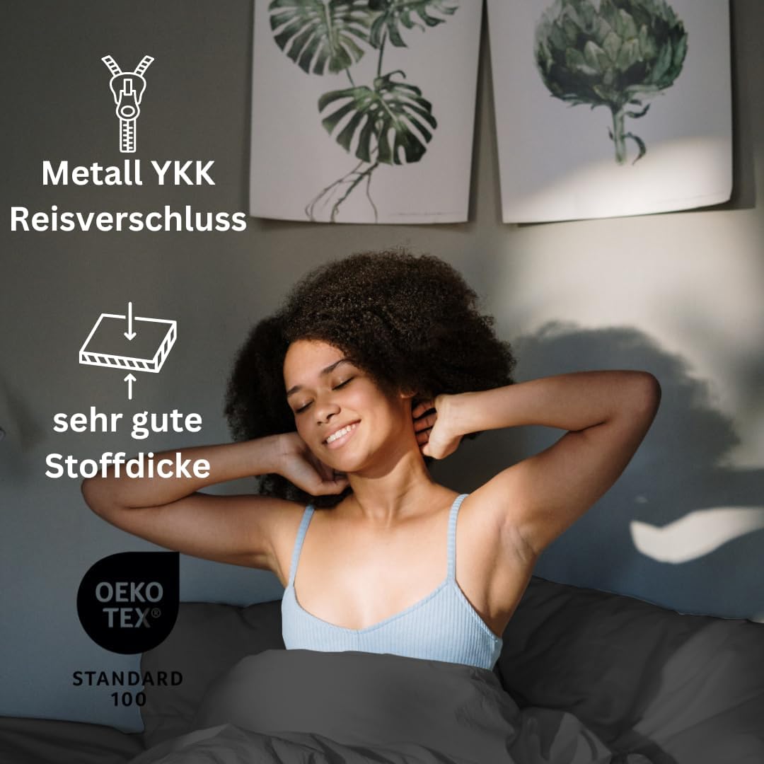 Homesty Ropa de cama premium de 155 x 220 cm + 1 funda de almohada de 80 x 80 cm – 100% algodón, Colchas Funda Nórdica de 2 piezas Öko Tex con cremallera YKK, antracita suave y transpirable