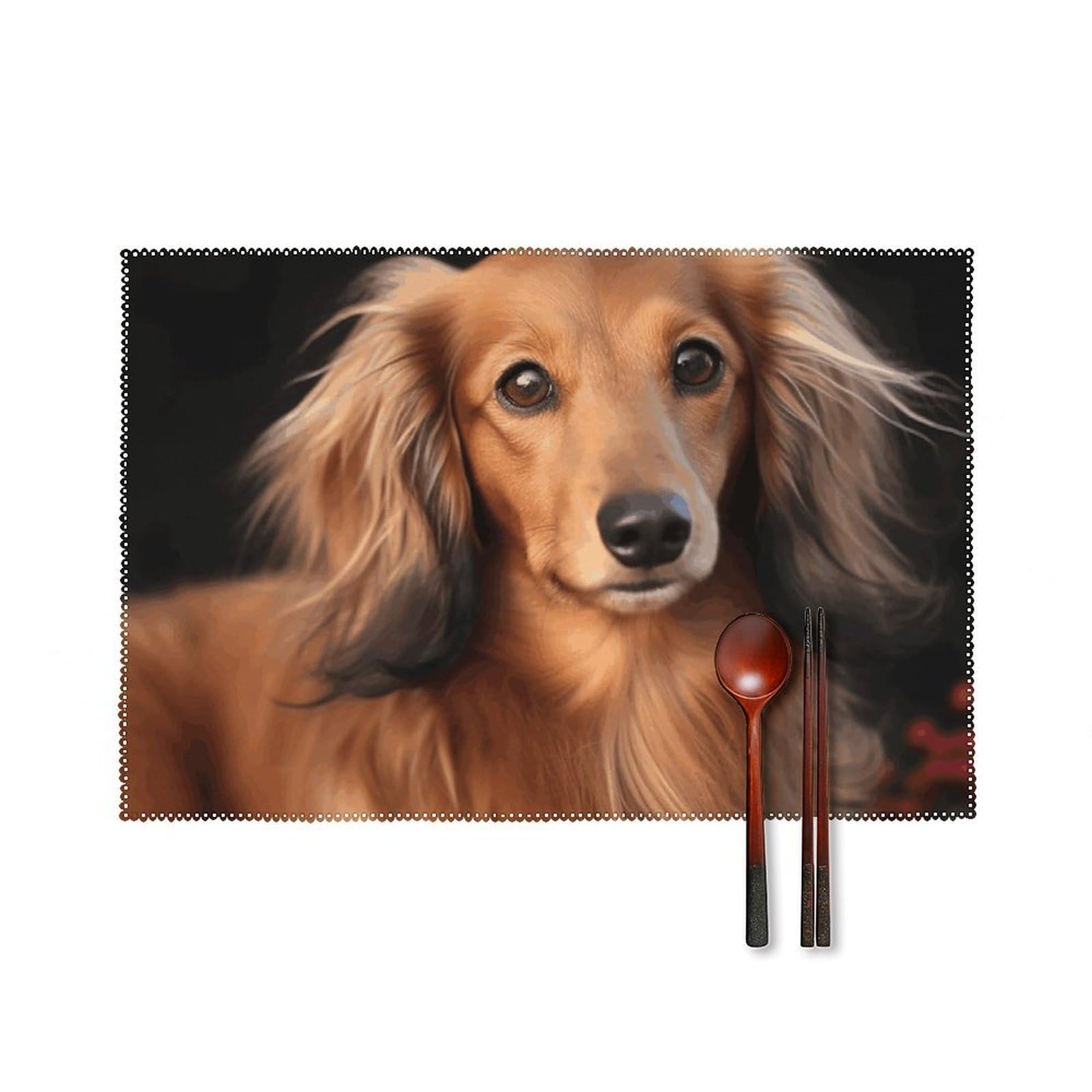 Long Haired Dachshund Placemats Set of 6, 12x18 Inch Heat Resistant Washable Canvas Table Mats, Stain Resistant Decorative Dining Placemats for Kitchen, Restaurant, Outdoor Party