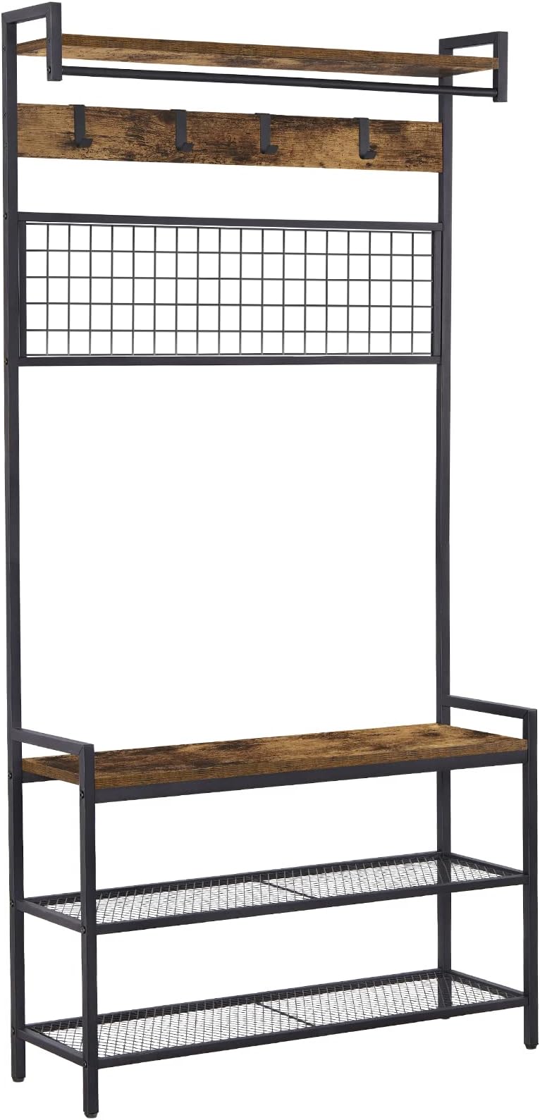 Hall Tree Coat Rack Shoe Bench for Entryway with 12 Hooks 3 in 1 Organizer Shelf with Storage Bench Vintage Multipurpose Wood Furniture with Metal Frame for Mudroom, Easy Assemble, Brown and Black