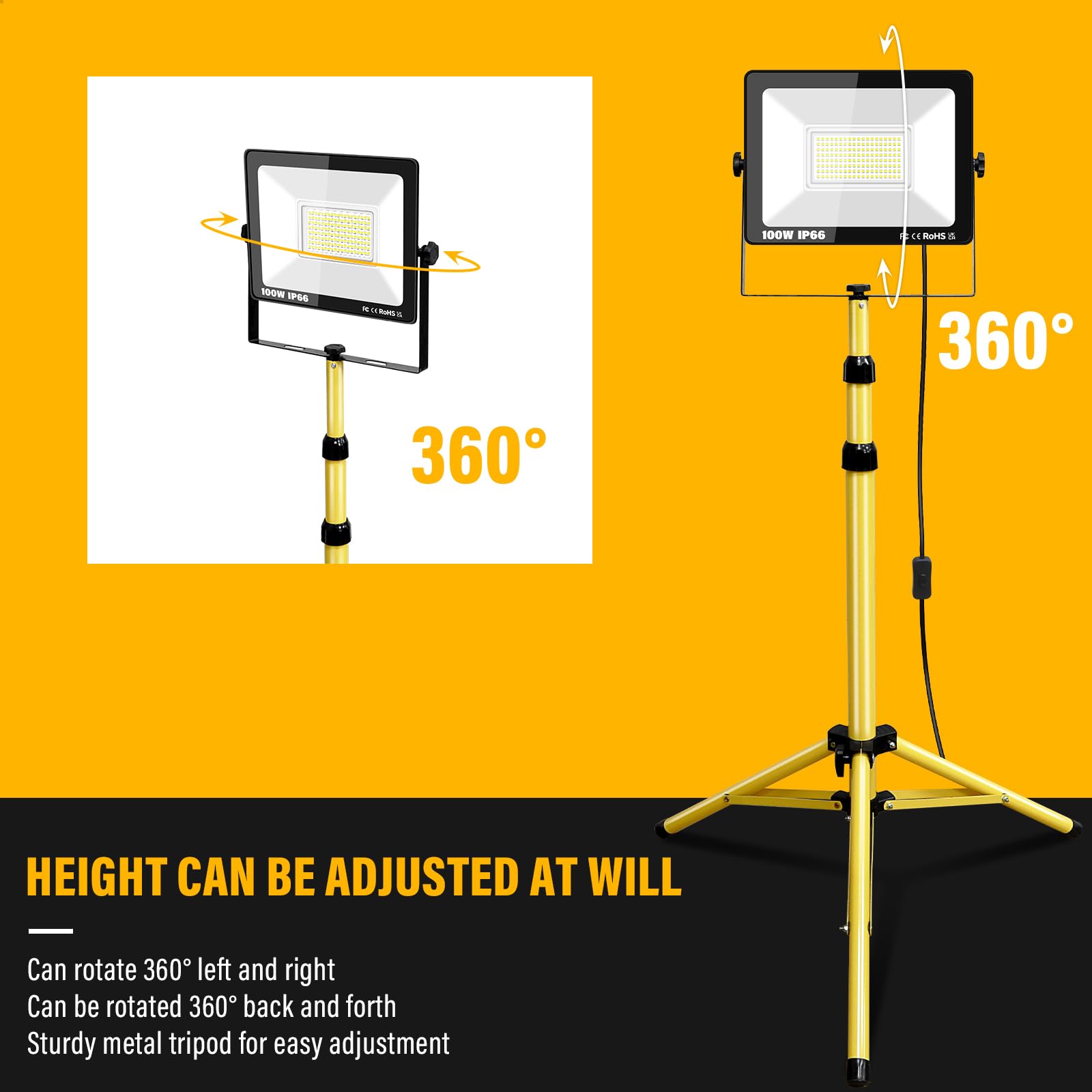 SKYWORLD Foco LED 100 W, trípode, 10000 lm, resistente al agua, para taller, construcción, garaje, jardín
