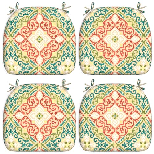 LVTXIII Outdoor Seat Cushions Patio Chair Pads with Ties, All Weather Chair Cushions for Home Office and Patio Garden Furniture Decoration D16”xW17”, Set of 4, Geometric Orange
