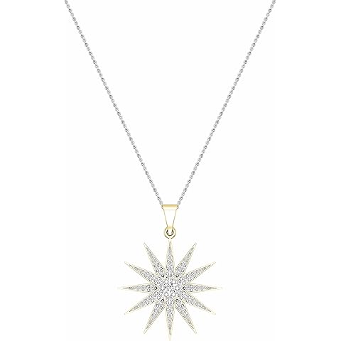 Dazzlingrock Collection Round Cubic Zirconia Contemporary Double Starburst Pendant Necklace with 18 Inch Silver Chain for Women (0.66 ctw, Color White, Clarity Clean), Available in 10K/14K/18K Solid Gold