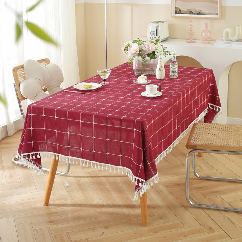 Nappe rectangulaire tissu damier rouge 260x140 imperméable pour décoration table basse