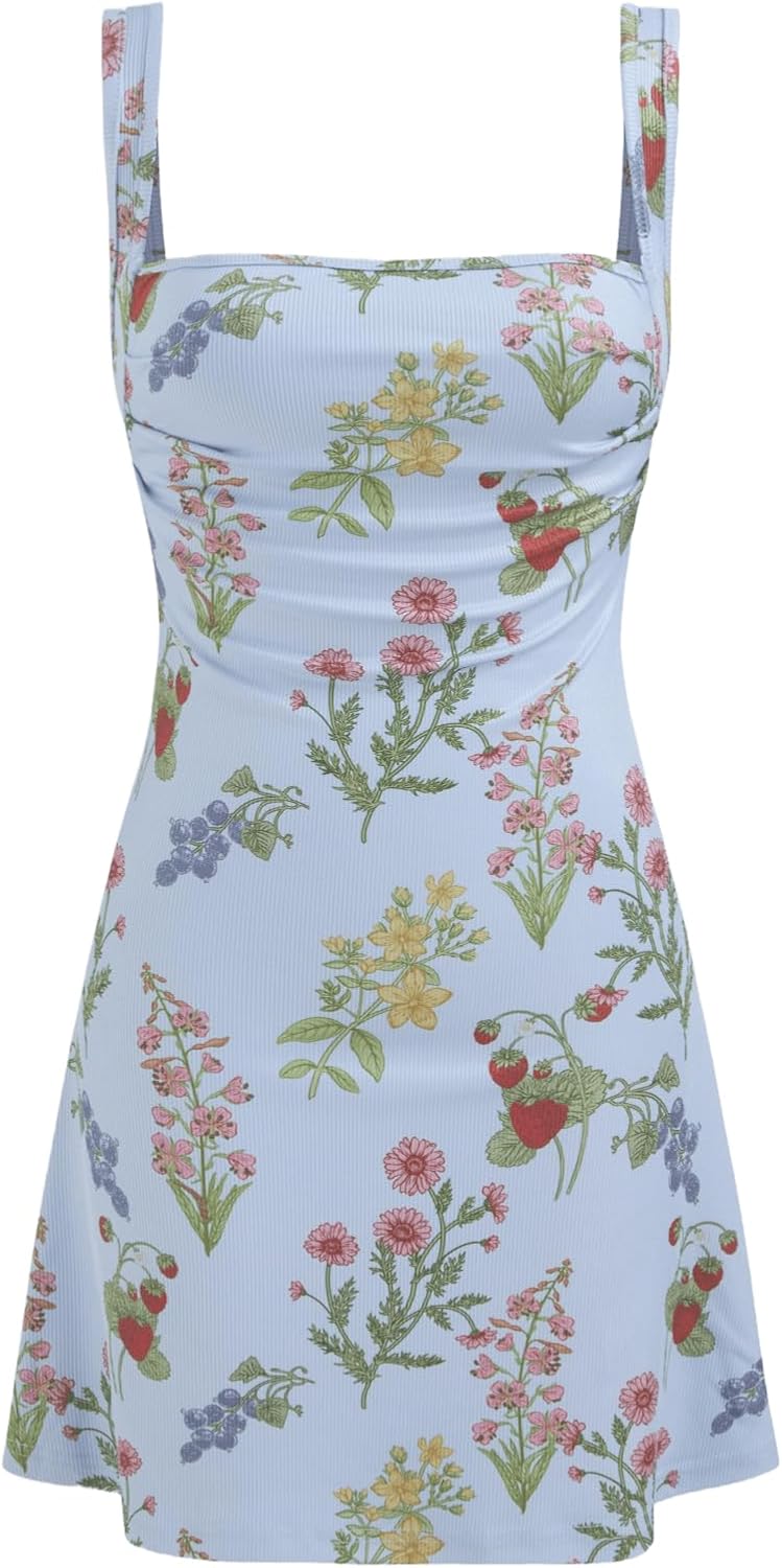 CIDER Women's Summer Floral Sun Dress Cute Square Neck Sleeveless Mini Dresses Trendy