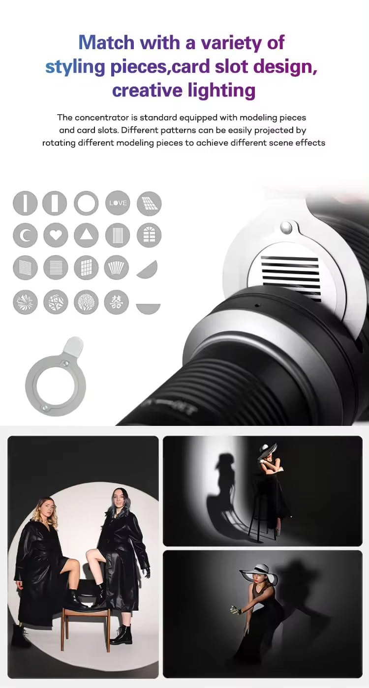 Bowens Mount Spotlight, konisches optisches Snoot-Set, Fotostudio-Beleuchtung, Projektor-Zubehör mit 20 Gobos und 5 Farbfiltern für Aputure Amaran 100DS/XS 200XS/DS 300C/DII/X 60D/XS Godox SL60 AD600
