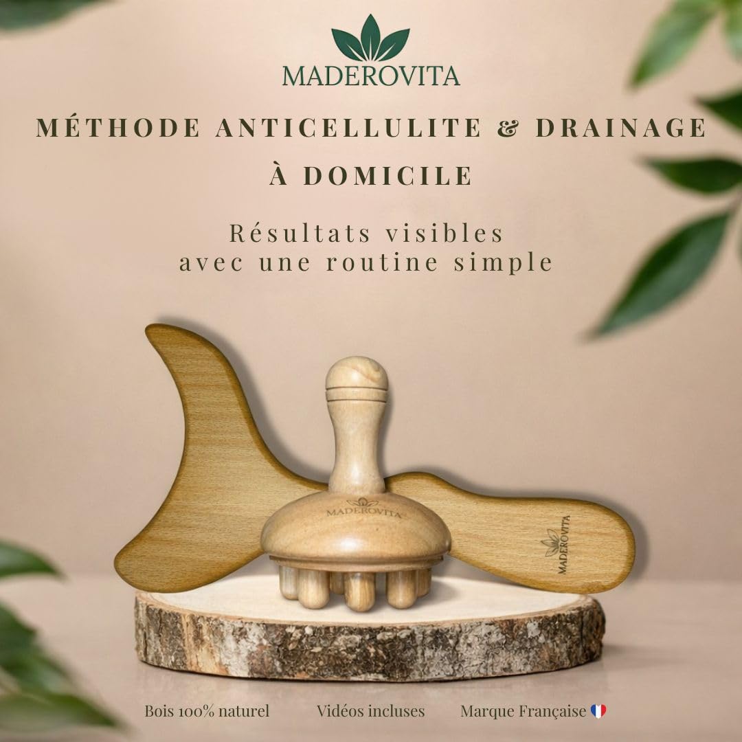Kit Madérothérapie – Massage Anti-Cellulite & Drainage Lymphatique – Bois Naturel – Raffermissant, Relaxant & Récupération Musculaire – Planche Gua Sha & Champignon – Guide + Vidéos