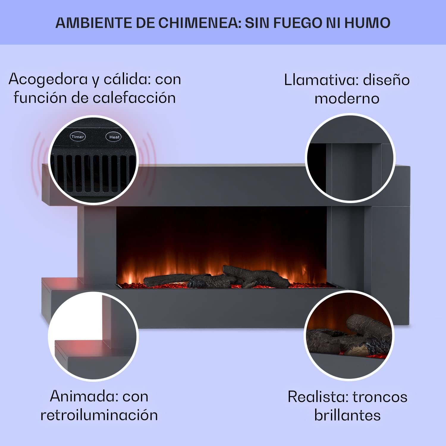 Klarstein Chimenea Eléctrica LED 2000W con Mando a Distancia, Temporizador y Control Automático de Temperatura