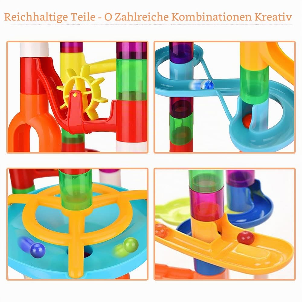 135pcs Murmelbahn mit Verschiedenen Aufbaumöglichkeiten - Kugelbahn Set Stabil Leicht Zusammenzubauen- Murmelbahn ab 3 Geburtstagsgeschenk