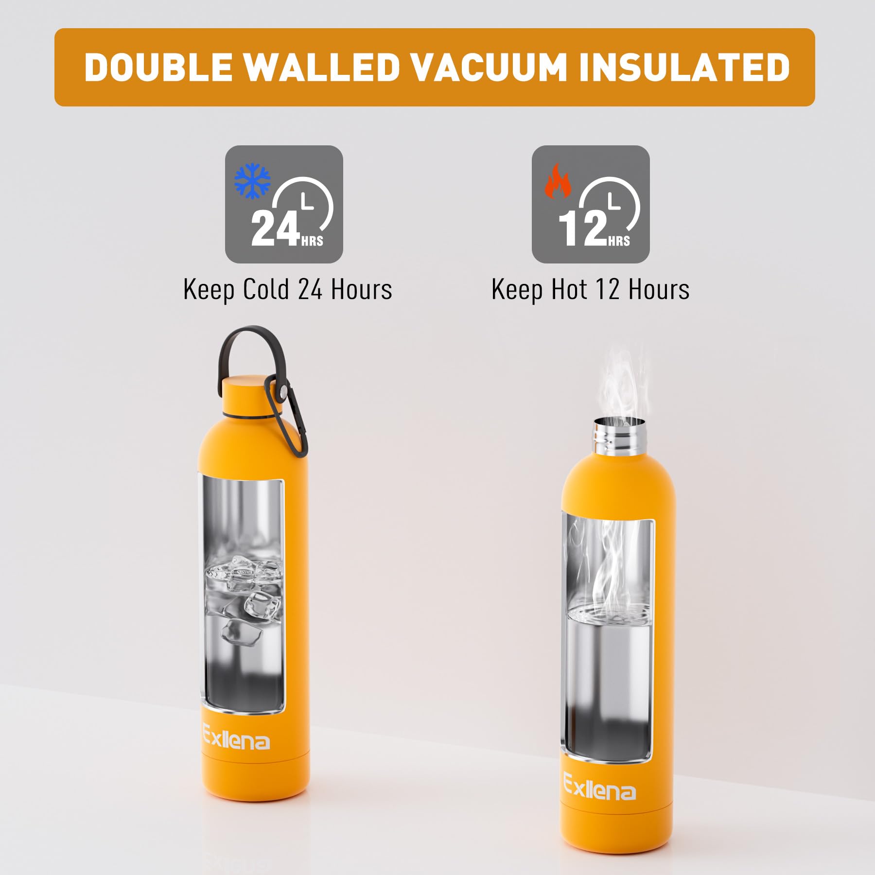 Exllena Borraccia Termica 750 ml con Maniglia e Moschettone - Bottiglia Termica 750ml Mantenere Calore/Freddo - Senza BPA - 100% A Tenuta Stagna per Escursioni, Campeggio, Viaggi...(Mango)