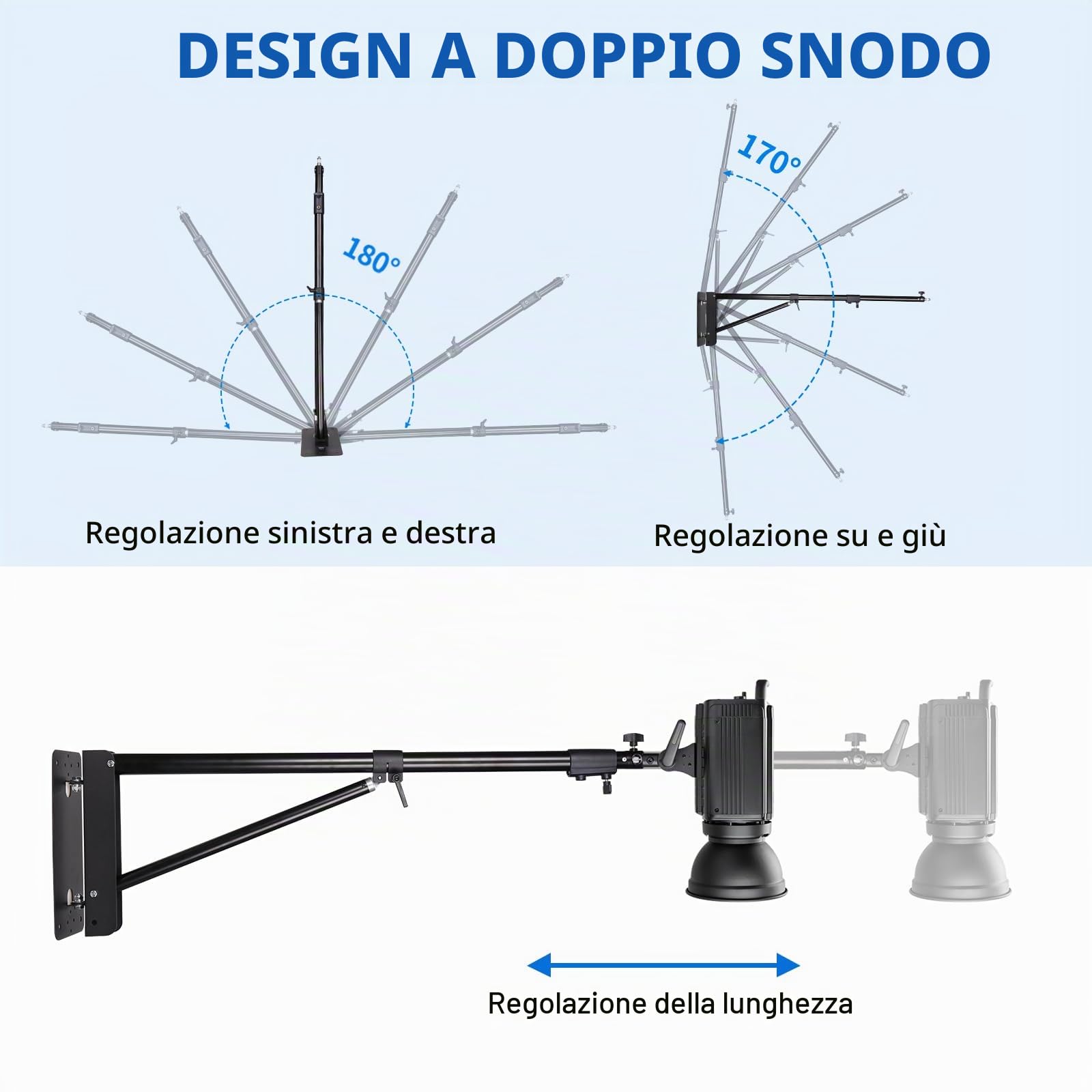 Confezione da 2 bracci triangolari per montaggio a parete, 180 cm, supporto per luce ad anello, supporto per luce da soffitto, rotazione flessibile a 180°, per luce video, flash, fotografia