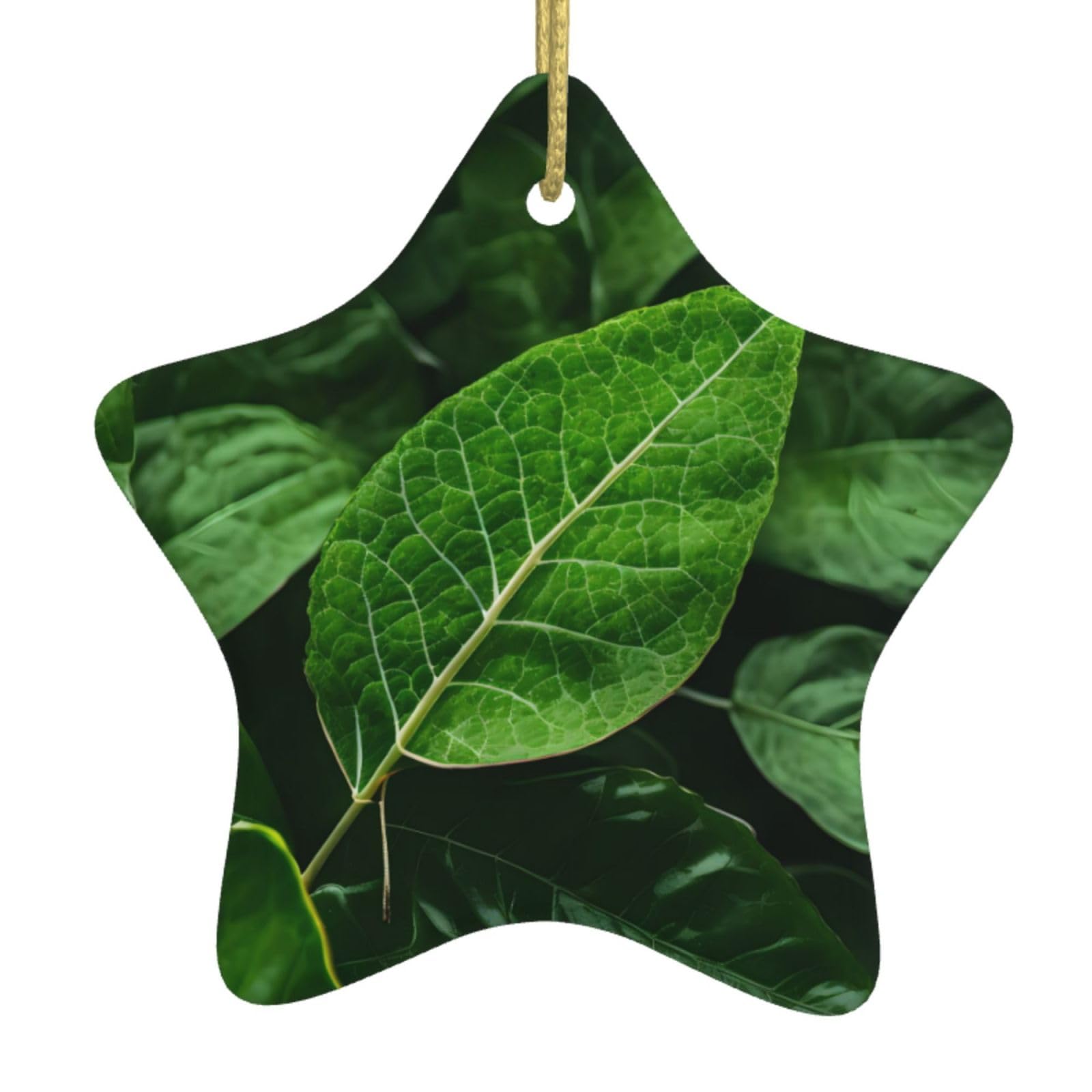 Green Leaf Nature Christmas Ceramic Star Pendant with Punched Holes and Gold Wire Rope, Christmas Tree Home Decoration