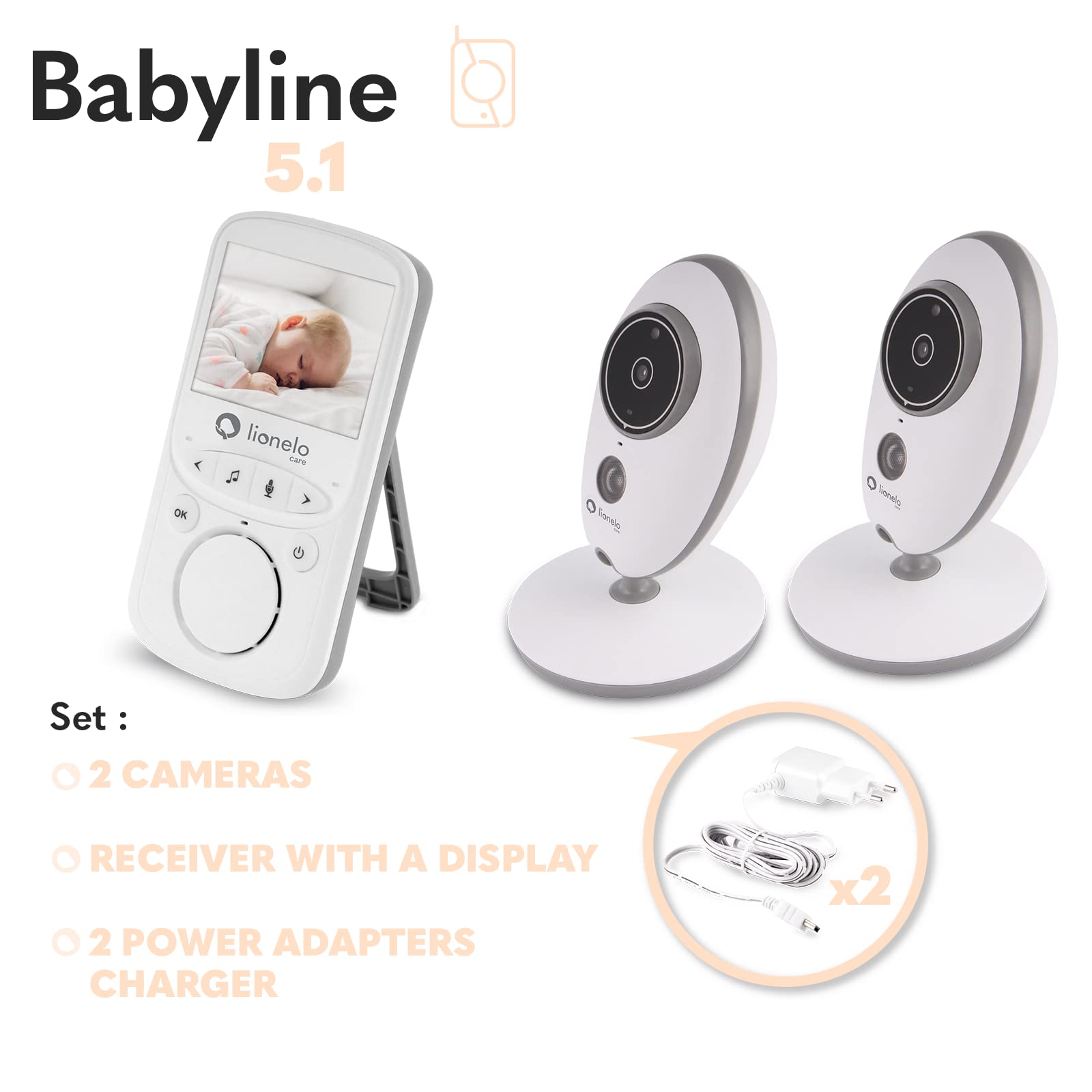 lionelo Babyline 5.1 Babyphone Caméra Bébé, Baby Phone avec Moniteur Vidéo, 2 Caméras, sans Fil Jusqu’à 300 m, Audio Bidirectionnel, Mode Nuit, Température, Autonomie 20 h