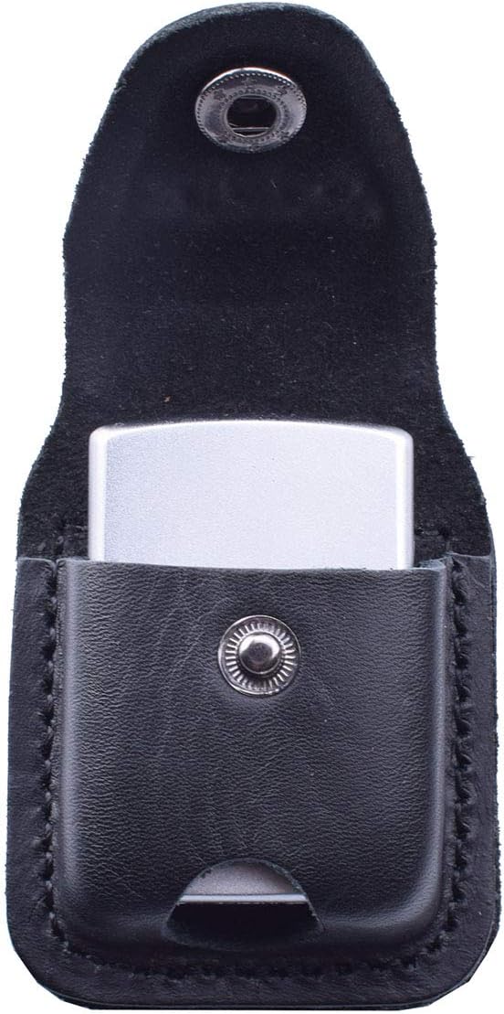 Handmade Fliptop Leather Lighter Pouch Holder Case with Pocket Belt Loop (Black)