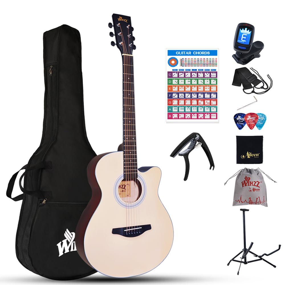 Winzz Guitare Acoustique Natürlich, Guitare Western 40 pouces, Guitare Débutant Set Avec Pied de Guitare, Médiator Guitare, Sangle Guitare, Accordeur Guitare, Housse Guitare