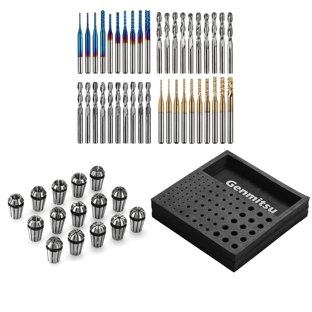 Genmitsu CNC Router Bits Starter Kit, Includes Mixed Types of End Mills, CNC Router Bits Storage Tray and Collet Set.