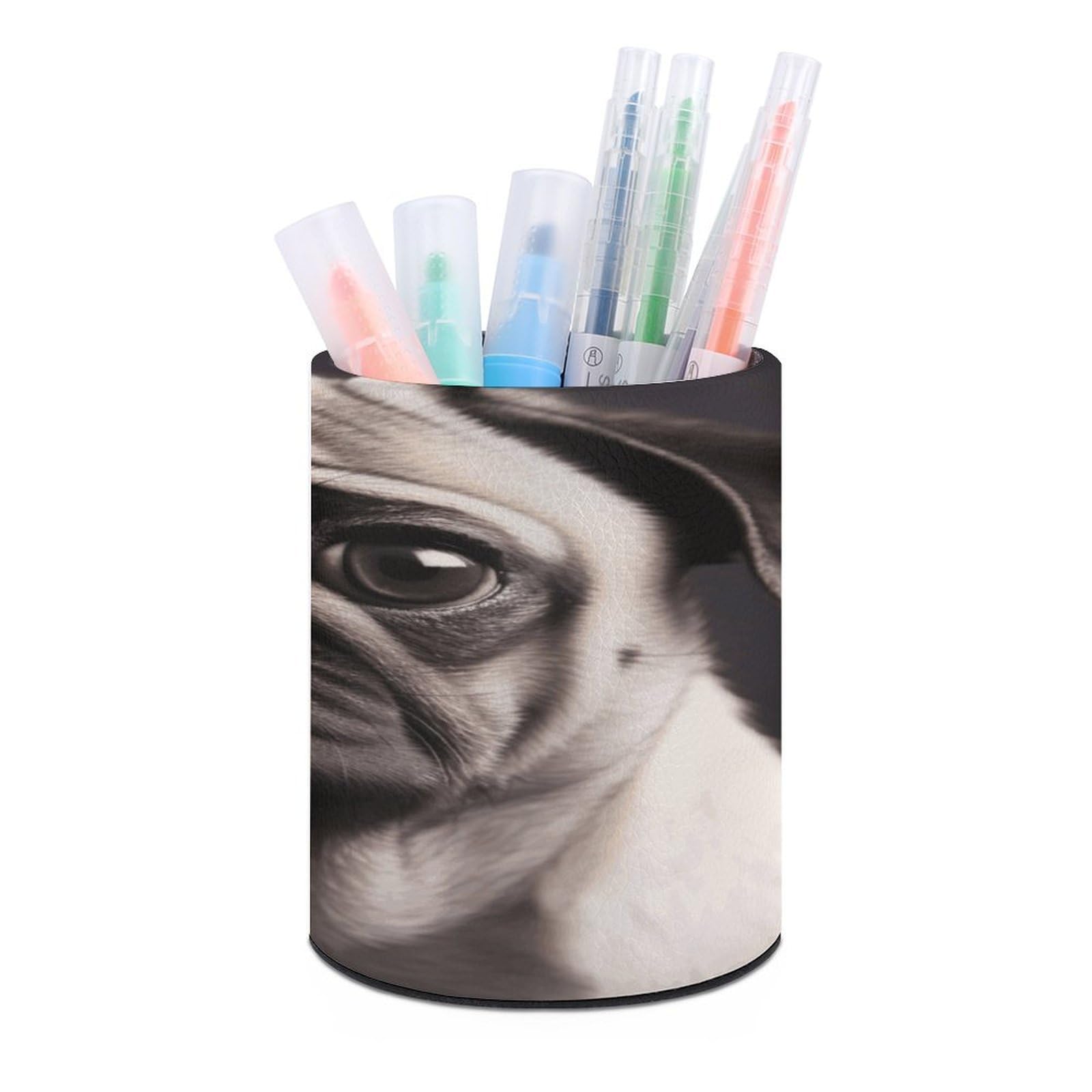FekiLoot Round Leather Pen Holder - Multipurpose Desk Organizer, Modern Pencil Cup, Pug Pencil Holder, Unique Makeup Brush Holders for Office Home Supplies & Gifts