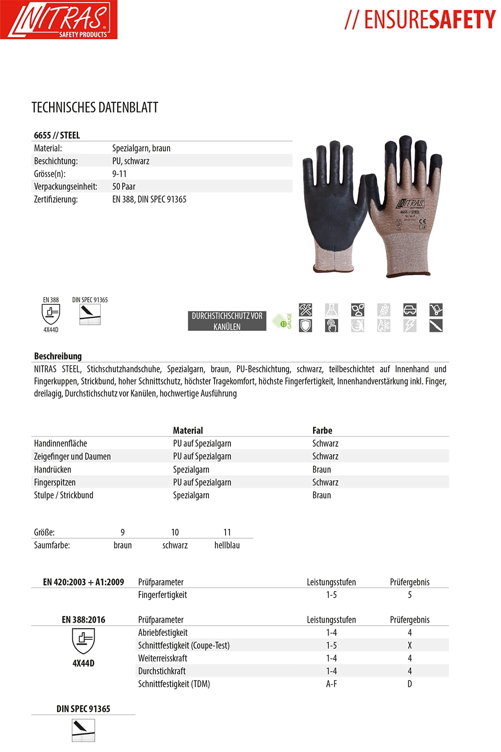 NITRAS 6655 STEEL - Gants de travail résistant aux coupures et aux coups de couteau - EN 388 - brun/noir - 09/L