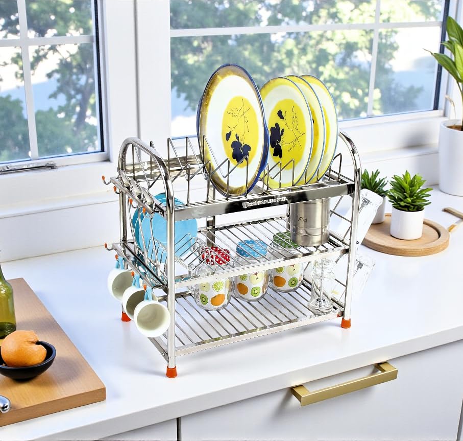 Image of AMOL Premium Stainless Steel 3-Tier Dish Rack | Kitchen Rack for Utensils, Plates & Glasses | Wall Mount & Countertop | Rust-Proof Kitchen Stand | Size- 18x18x11 inches (RW21-18x18x11)