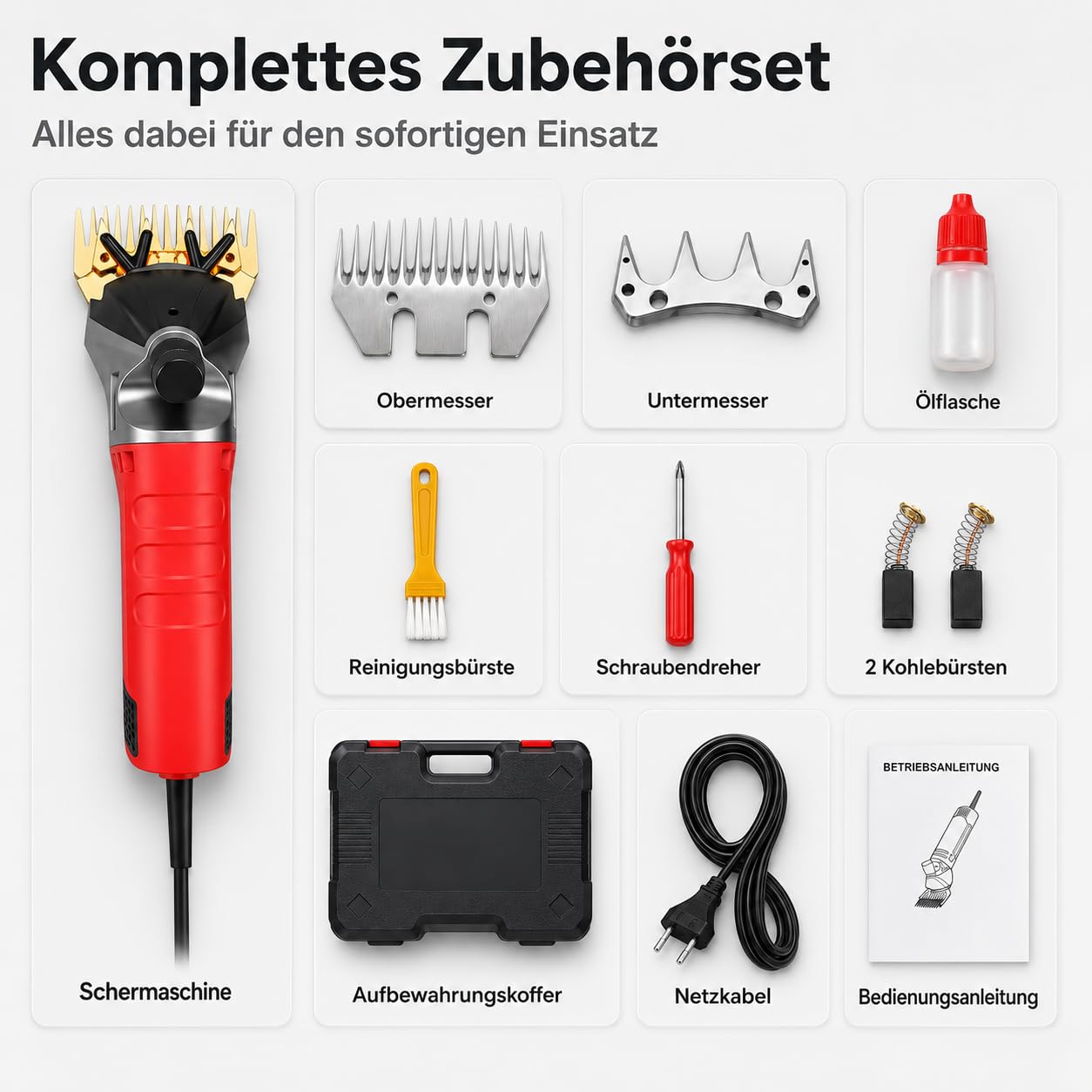 1200W Elektrische Schafschere, mit 13-Zahn-Klinge, Set im Koffer | High-Power Schafschermaschine, 6 Geschwindigkeiten, für Alpakas, Tiere, Schafe, Ziegen, Rot