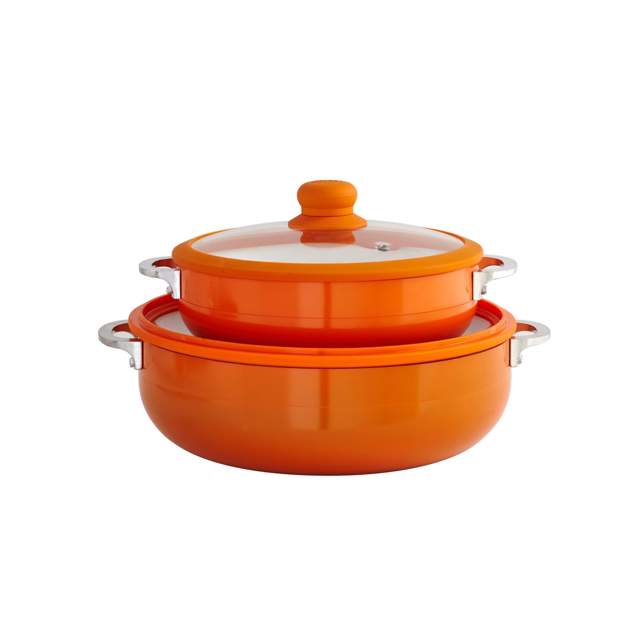 USA 2 Piece Orange Ceramic Interior Caldero Set with Orange Silicone Rim and Glass Lid