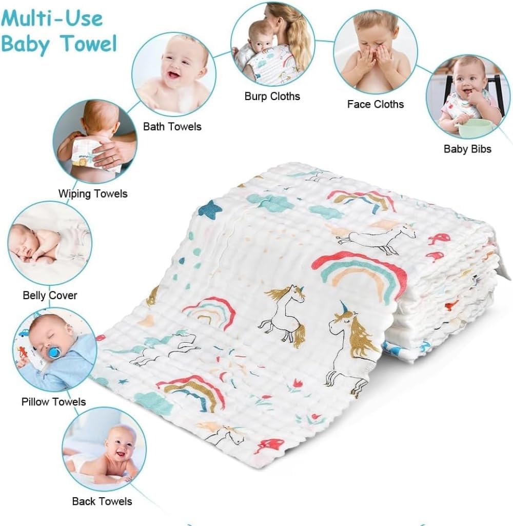 Wickston 100% Cotton Muslin Baby Burp Cloth 50 × 25 cm | 6-Layer Soft & Absorbent Gauze Towel for Newborns & Adults | Multi-Print Face Towel for Feeding & Daily Use (3, White Printed (50 x 25 CM))