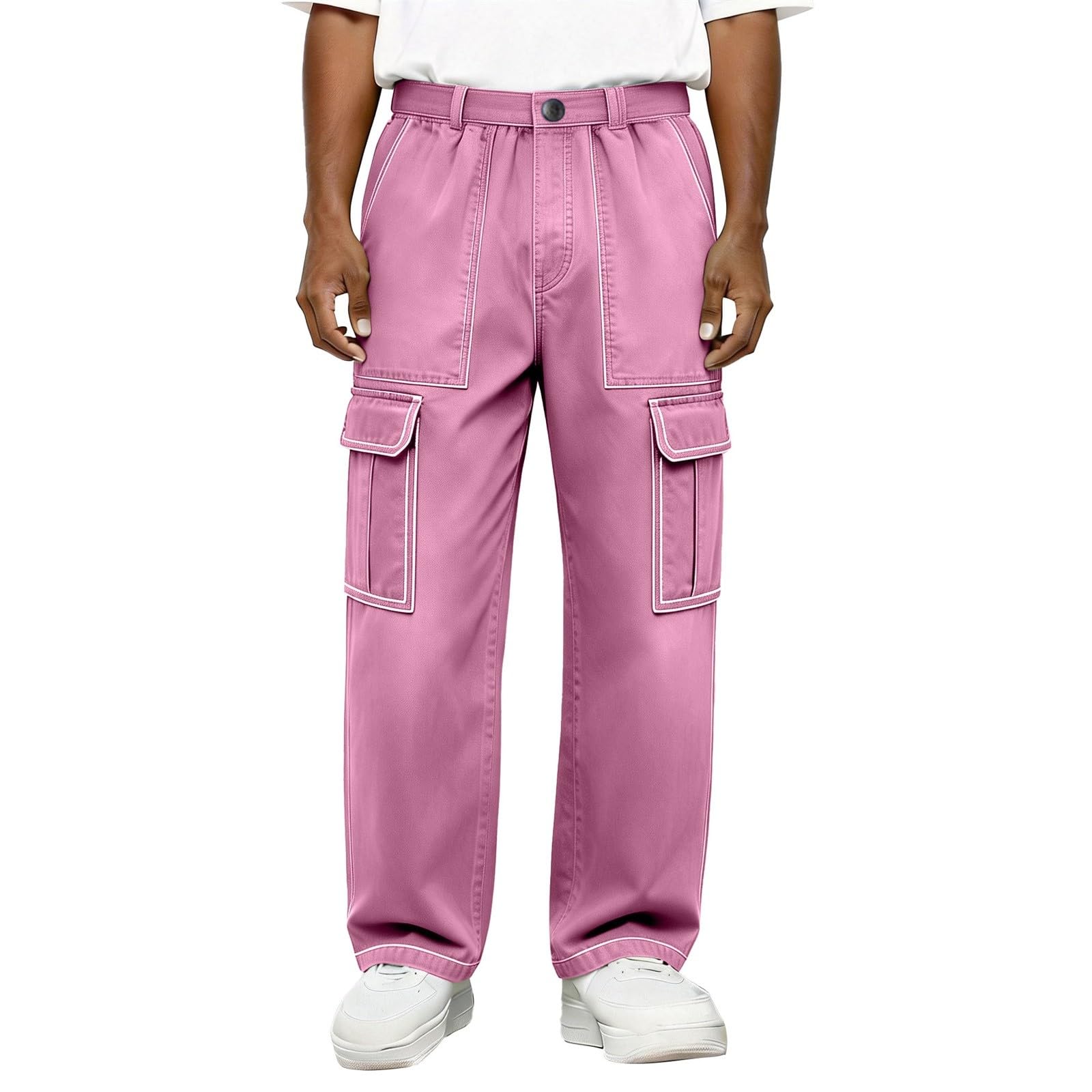 Pantalones cargo para hombre, con múltiples bolsillos, informales, de verano, de algodón, de tela, pierna recta, pantalones de relajación, corte regular, resistentes, para el día a día, monocolor