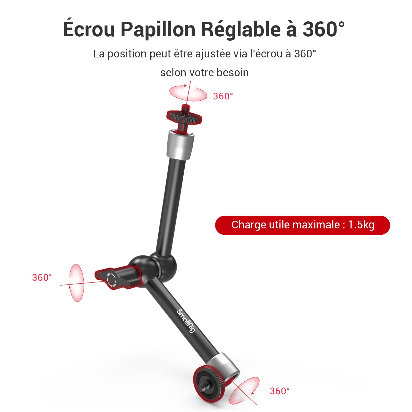 SMALLRIG Super Clamp et Bras Magique Articulé à Friction Réglable de 10 Pouces avec Vis 1/4" pour Moniteur LCD/Lumières LED - 2732B