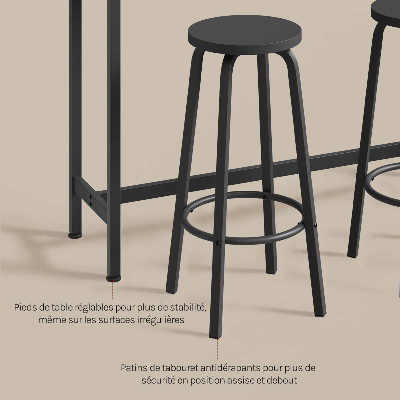 WOLTU Table avec 2 tabourets de Bar, Bar Table à Manger en métal, Mange Debout pour Cuisine, Bar, Bistro, 120x40x100cm, Noir