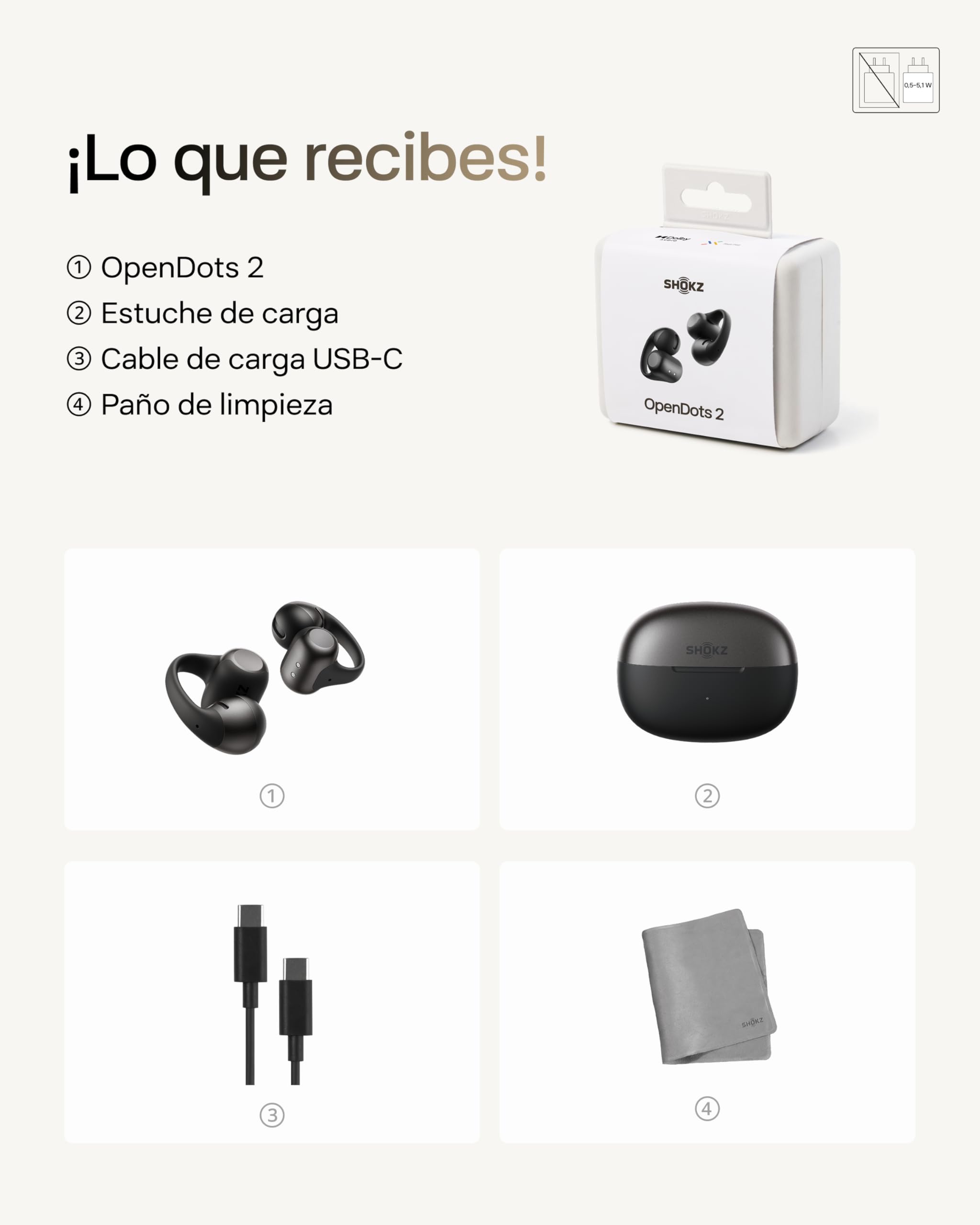 SHOKZ Auriculares Open-Ear Clip-on OpenDots 2,Dolby Audio,40h batería,Negro | con Grave Profundo | Reducción Ruido con IA | Bluetooth 6.1 | Resistentes al Agua IP57 | Carga rápida inalámbrica