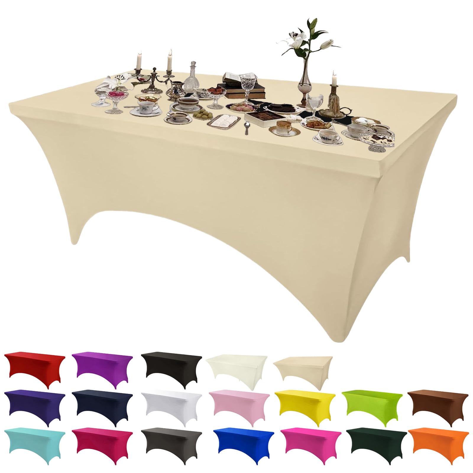 Champagne Stretchable Spandex Tablecloth 6ft for Wedding Banquet, Holiday Party - Elastic Washable Universal Cover