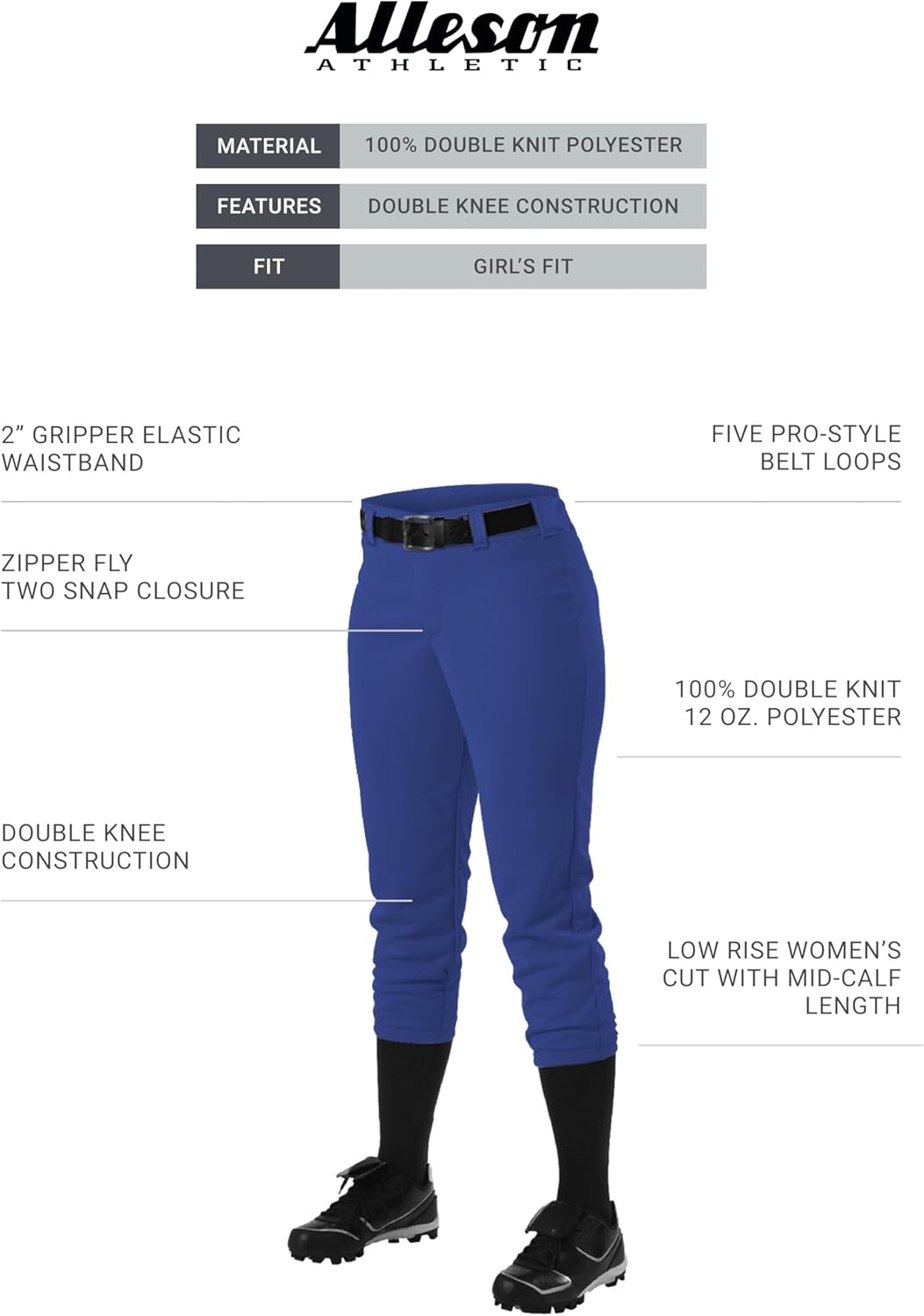 Alleson Athletic Girls Fast Pitch/Softball Belt Loop Pant - Image 3