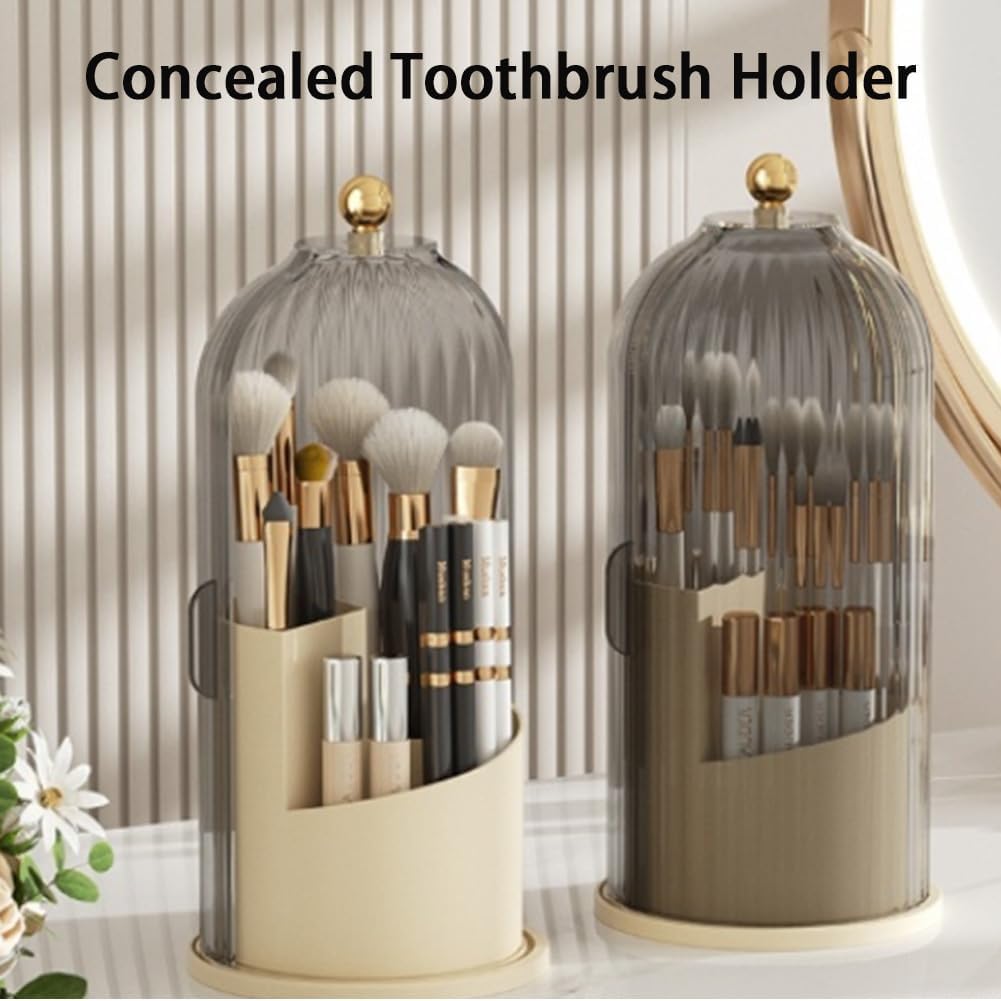 Concealed Toothbrush Holder, Toothbrush Holders with Cover, Covered Toothbrush Holders for Bathrooms, 360° Rotating Covered Makeup Brush Holder for Vanity Desktop Bathroom Countertop (1-D)