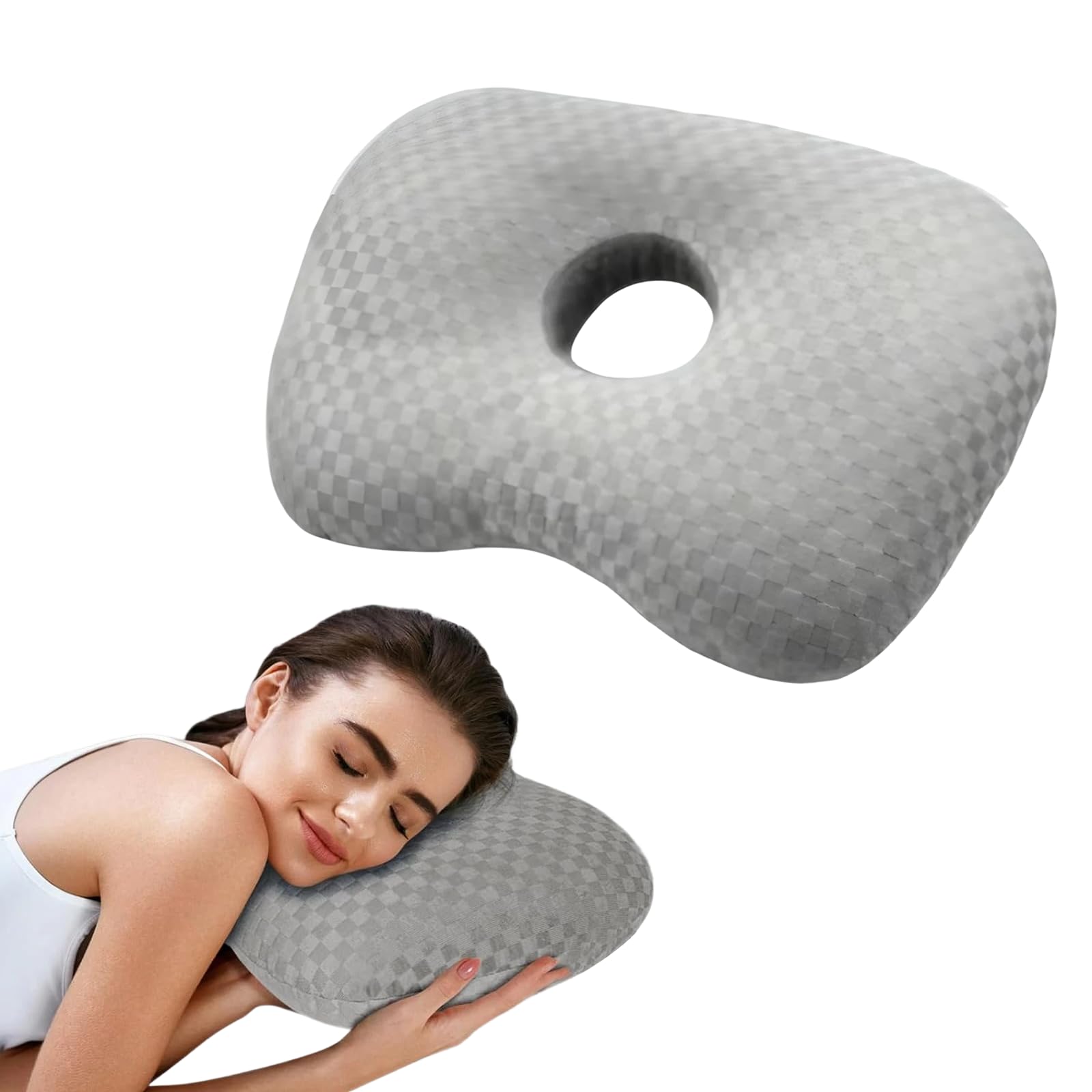 Qubitly Grey Checkered Piercing Pillow with Ear Hole Design, Orthopedic Side Sleeper Pillow for Neck Support, Adjustable Soft Pillows for Ear and Neck Pain Relief