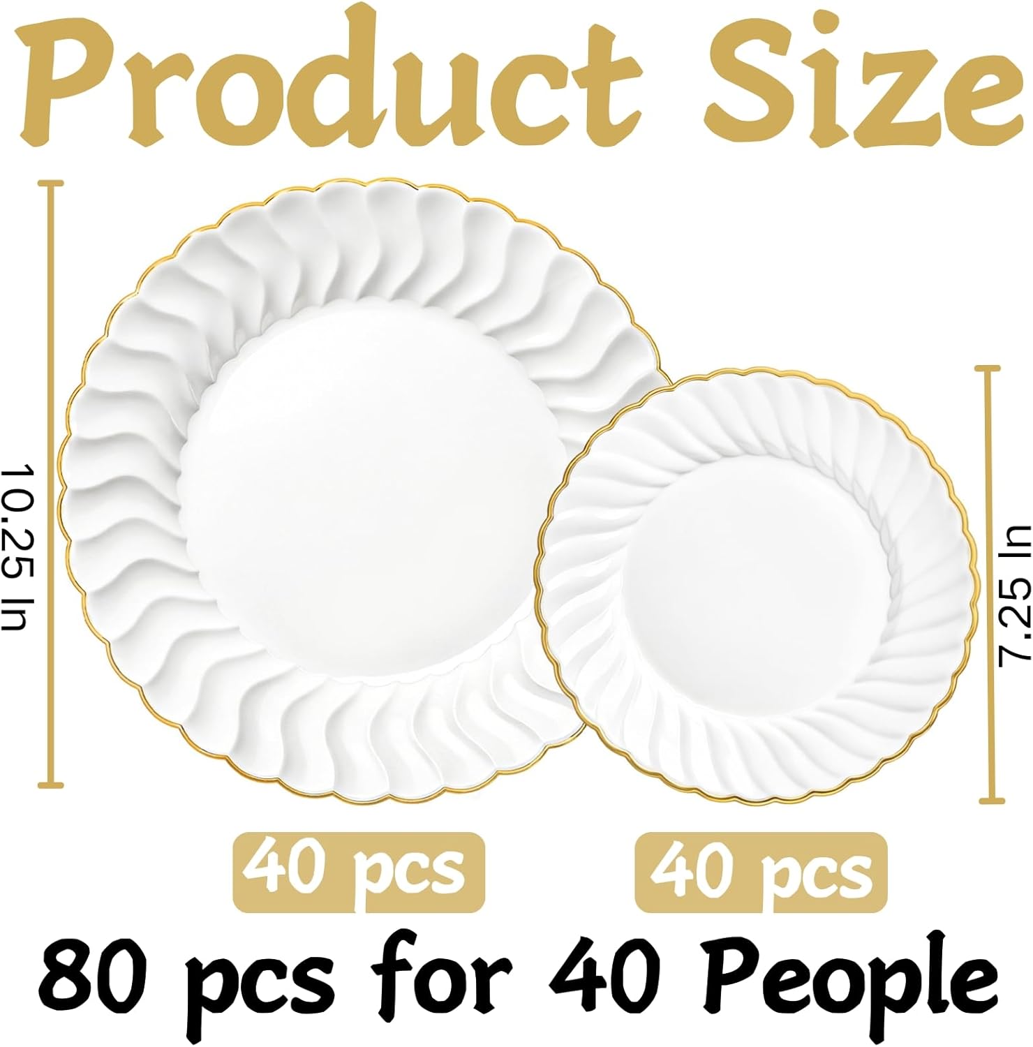 coloch 80 pack white and gold plastic plates, disposable party plate set includes 40 pcs 7.25" dessert plates and 40 pcs 10.25" dinner plates heavy duty combo plates for party, wedding, catering