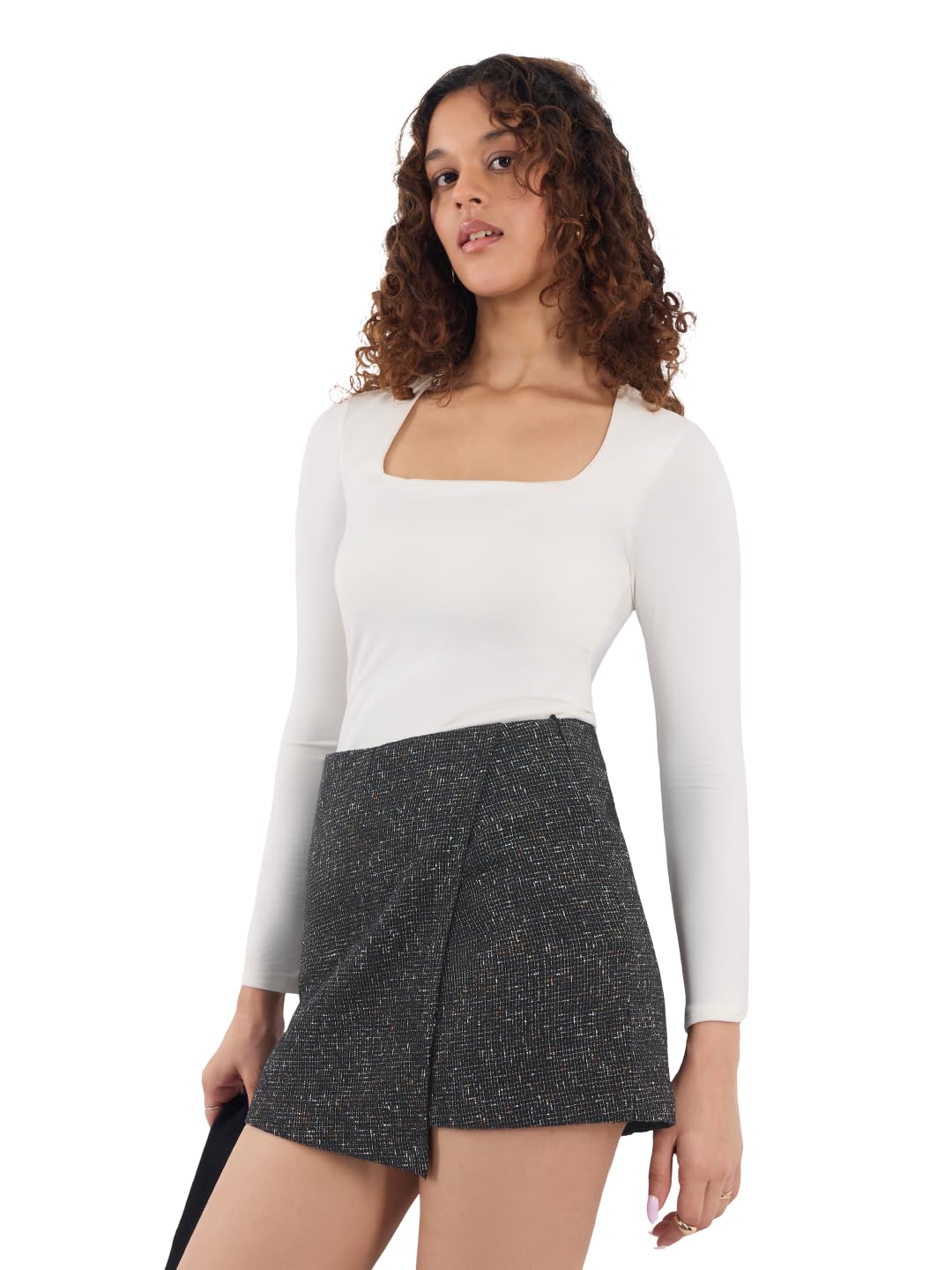 the souled store Textured Skorts: Women and Boys Flat Front Textured Cotton Polyester Blend Regular Fit Asymmetrical Wrap Front Lightweight All-Season Everyday Skorts-picture-40