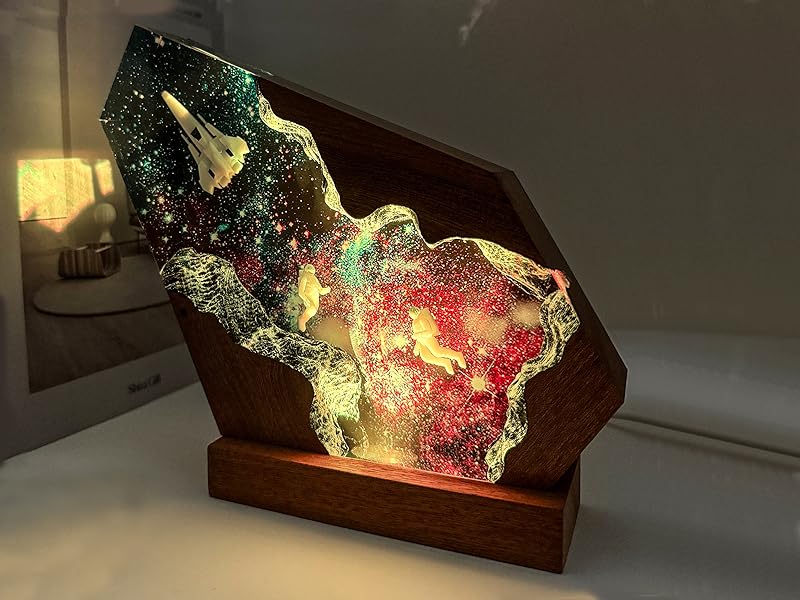 Handcrafted Astronaut Resin Lamp, RGB Galaxy Light With Wood Base USB Charging, Space Themed Bedroom Decor, Astronomy Gift for Sci-fi Lovers, Birthday Valentine's Day Gifts for Women & Men (S,6"x4")