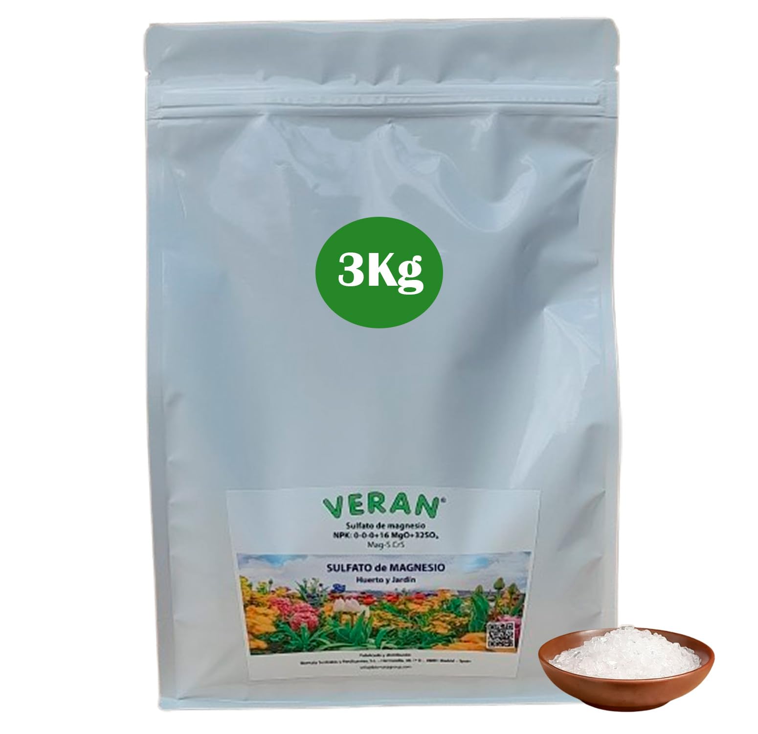 VERAN Fertilizante de Magnesio y Azufre, para Huerto y Jardín | Sulfato de Magnesio | Sales de Epsom | Fertilizante 100% Natural | 100% Soluble en Agua (3Kg)