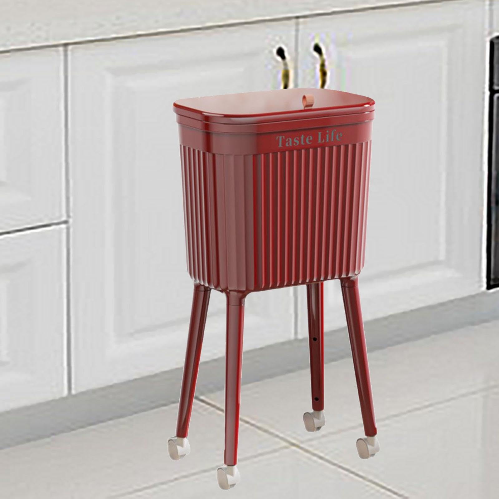 Yajuyi Cubo de Basura Alto con Ruedas, 16 L, Portátil Y Elegante, Ideal para Restaurantes, Cocinas, Baños Y Habitaciones de Huéspedes, Rojo, Individual