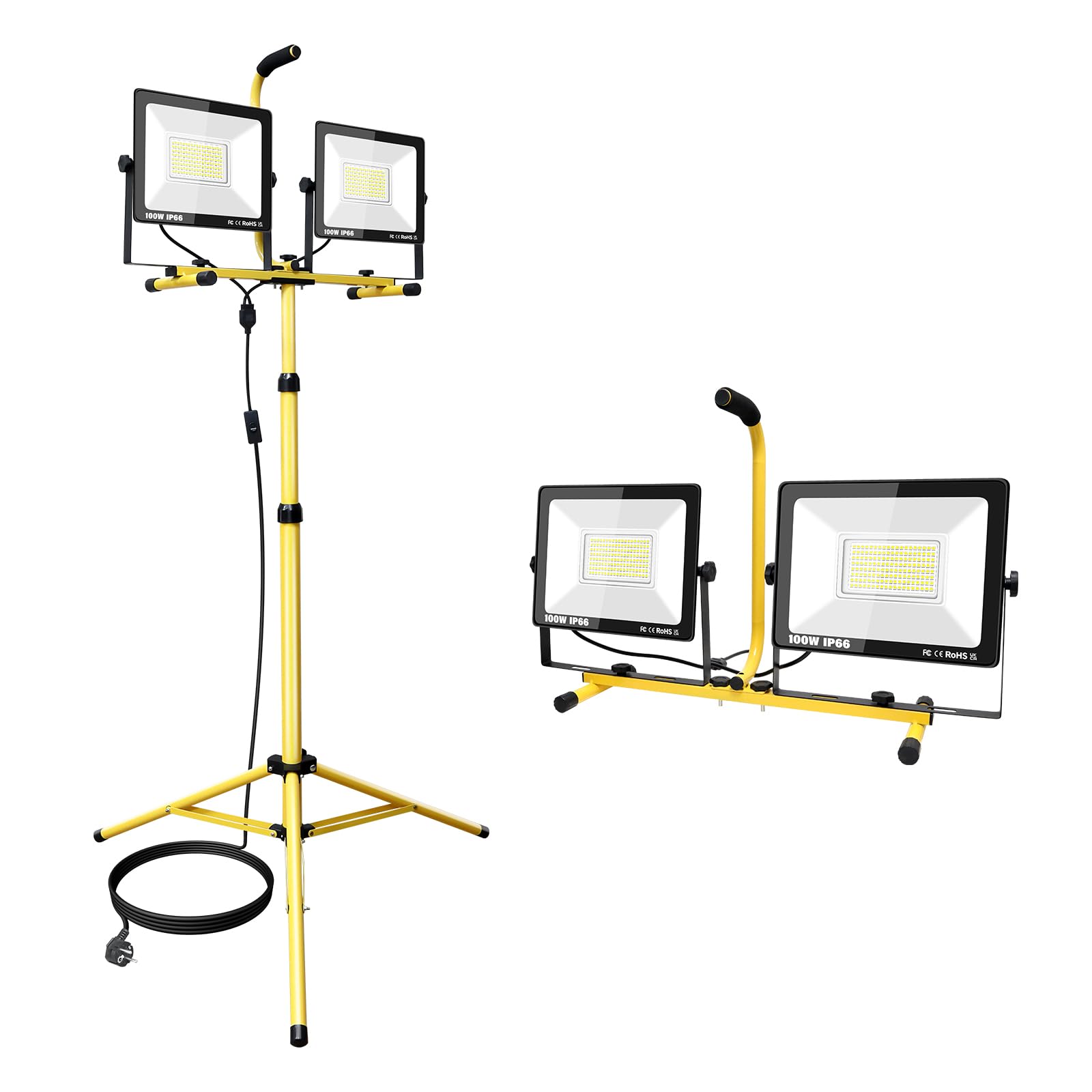 SKYWORLD Faro da Cantiere 2 x 100W, Treppiede Faretto Led 6000K Bianco | Proiettore led Portatili con Spina, Altezza Regolabile 129-254 cm, Cavo 5M per Lavori, Cantiere, Giardini, Officina e Garage