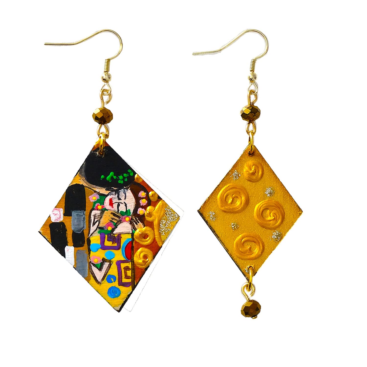 Orecchini dipinti a mano – IL BACIO DI KLIMT - Orecchini pendenti da donna asimmetrici, Gioielli in legno dipinti a mano, Gancio in argento, Made in Italy, Lavorazione Artigianale