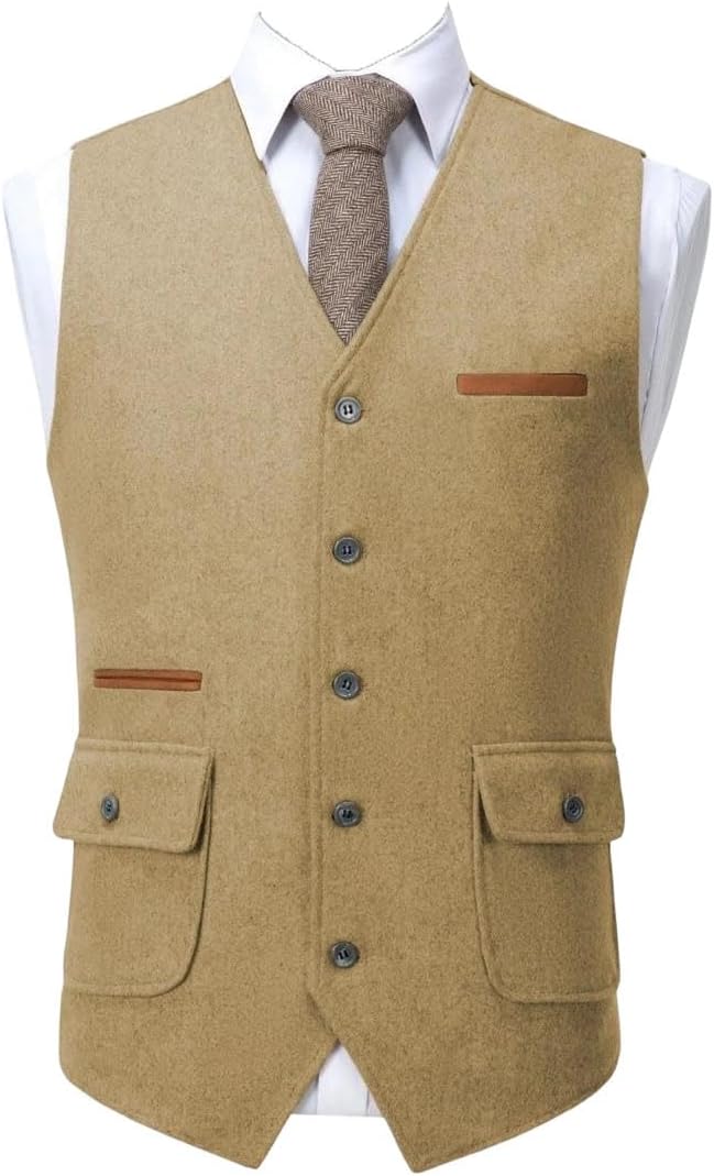 Men All Season Suit Vest Silver Single Button Brown Pocket V Neck For Wedding Party Business Work Daily