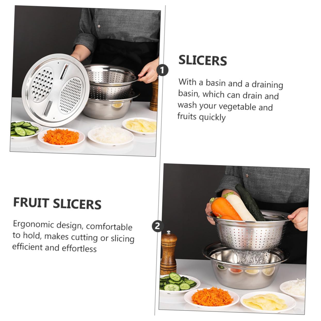 ABOOFAN Rallador y Cortador de Verduras de Cocina de Pelador y Rebanador para Lavabo y Preparar Ensaladas Cuenco de Acero Inoxidable