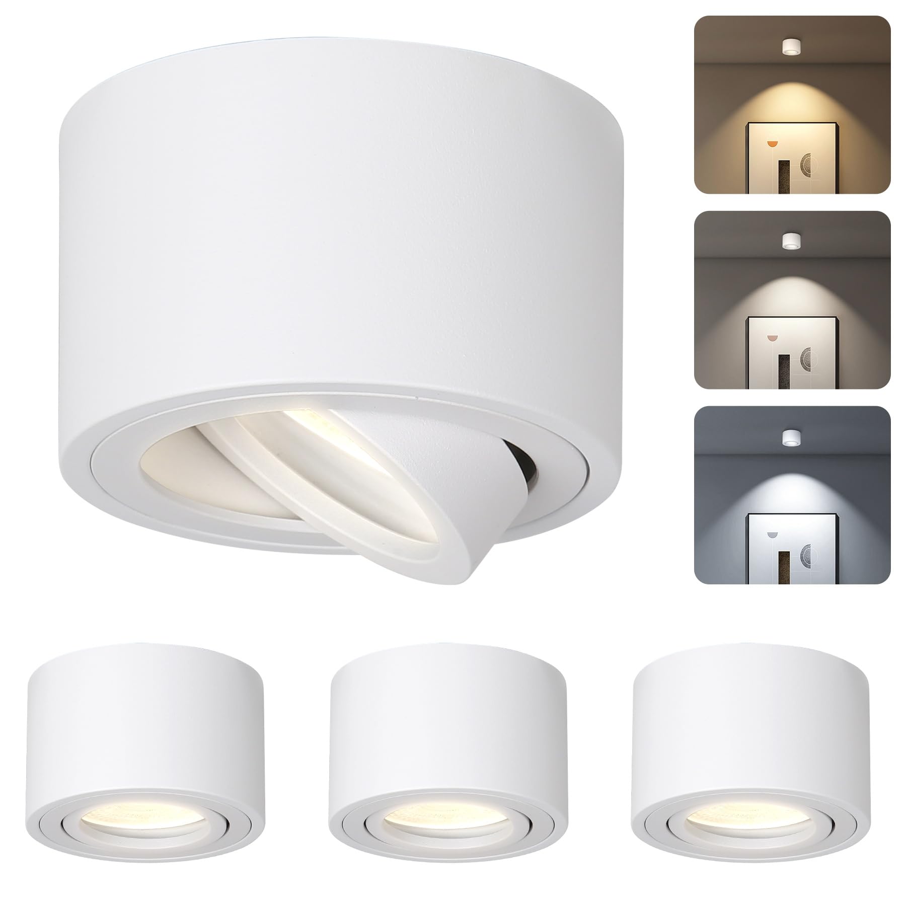 CANMEIJIA Foco LED de Techo Superficie 7W Plafón Orientable 3 Tonos 4 Pack | Foco LED de techo con diseño orientable de 30 grados para iluminar rincones específicos y sustituir downlights empotrados