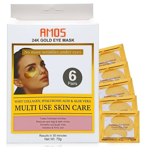 AMOSTIMELINE Máscaras de ojos de oro de 24 quilates para ojeras e hinchazón (6 pares) con colágeno, aloe vera y ácido hialurónico