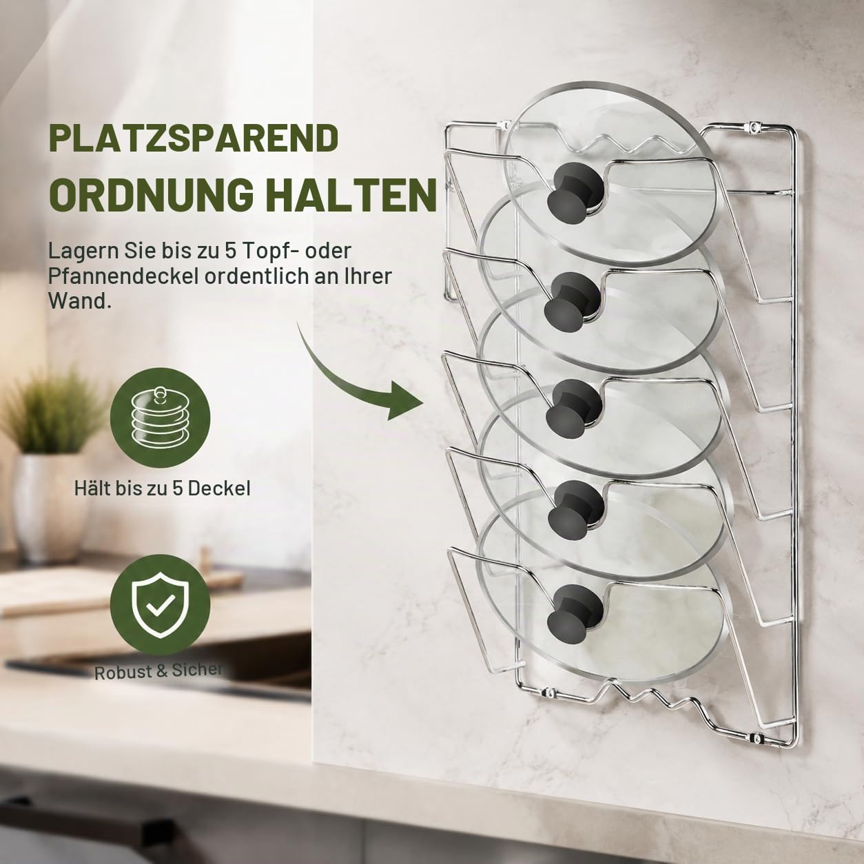 Yosoo Health Gear Wandmontage Topfdeckelhalter Chrom 5 Deckel, 2 Stk.