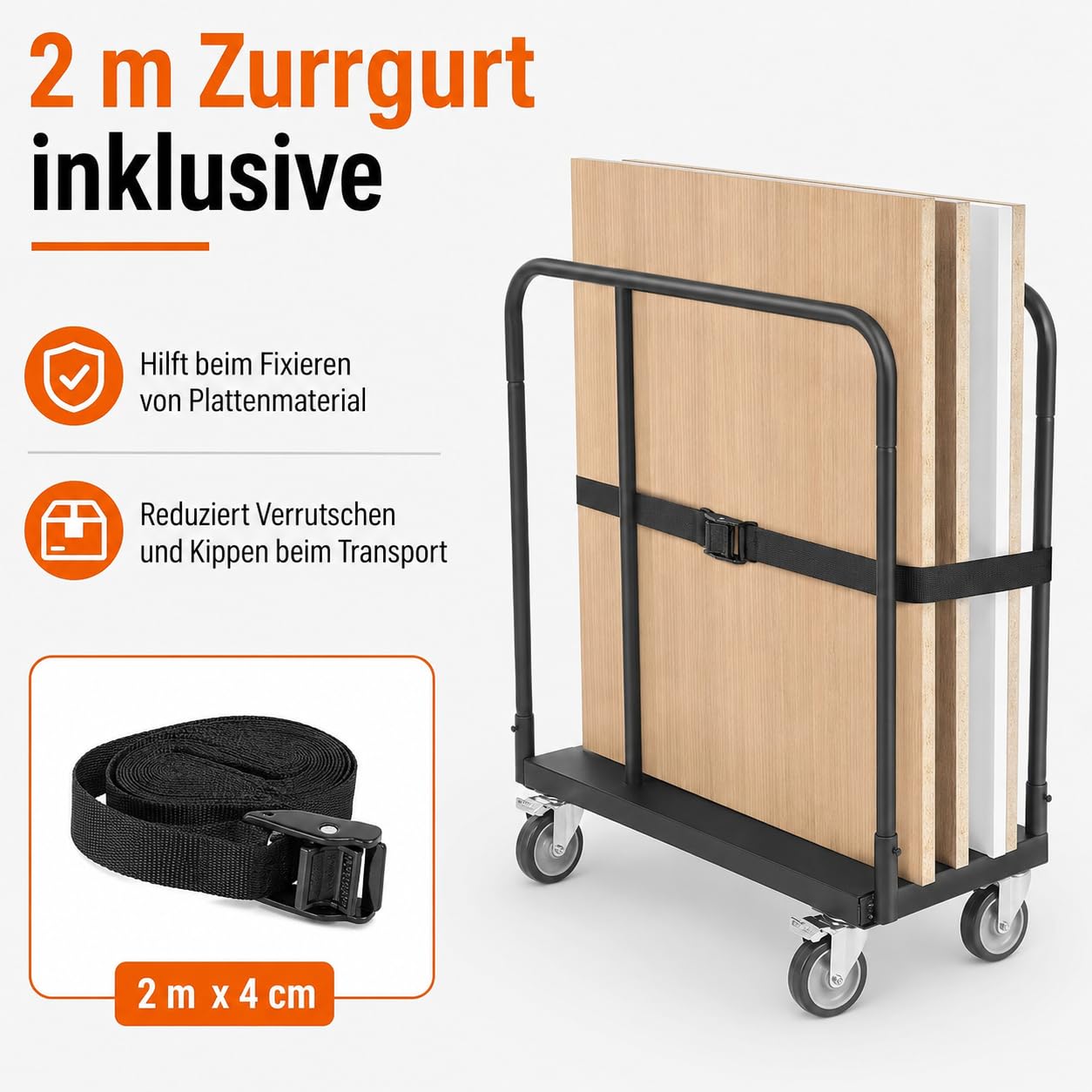 Plattenwagen 680 kg Tragkraft mit 4 Lenkrollen und Bremsen, Plattentransportwagen aus Stahl mit Zurrgurt, für Holzplatten, Gipskarton, Türen und Paneele