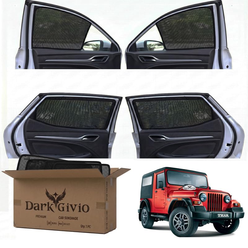 Image of Car Window Sun Shade Protector for Thar (2021) | Exact Fit Non-Magnetic Half Cut Sunshade (Set of 4 /6) | UV Blocker Side Window Car Curtains & Interior Accessory